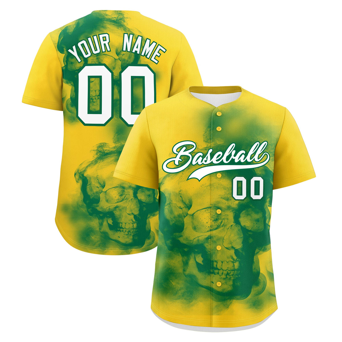Custom Gold Kelly Green White skeleton Graffiti Pattern Lightweight Baseball Jersey| KXKSHOP