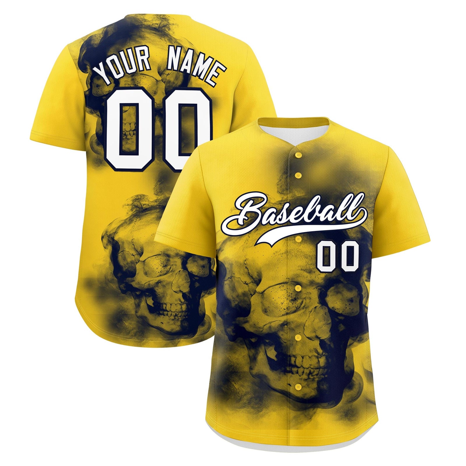 Custom Gold Navy White skeleton Graffiti Pattern Quick Dry Baseball Jersey| KXKSHOP