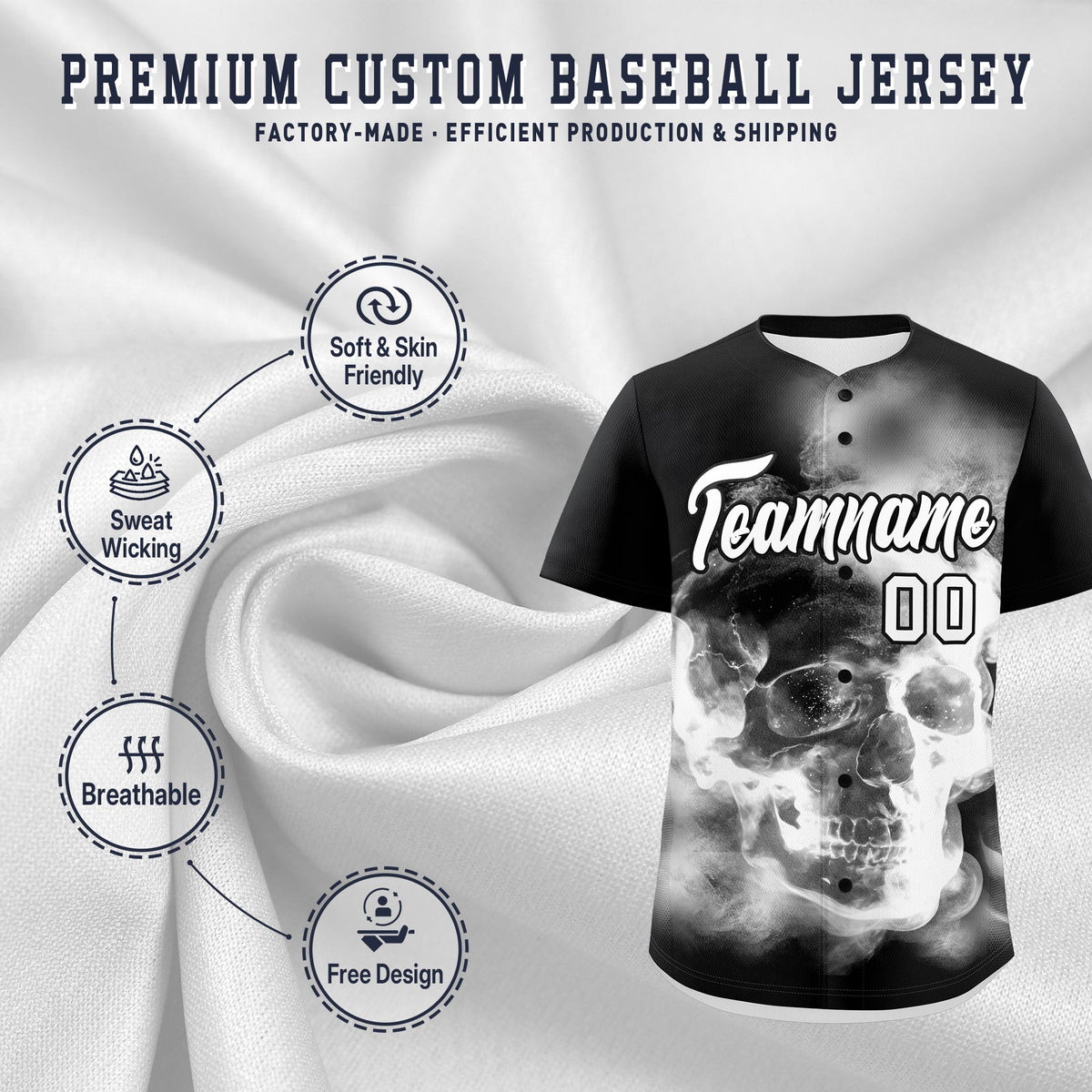 Custom Black White skeleton Graffiti Pattern Lightweight Baseball Jersey| KXKSHOP