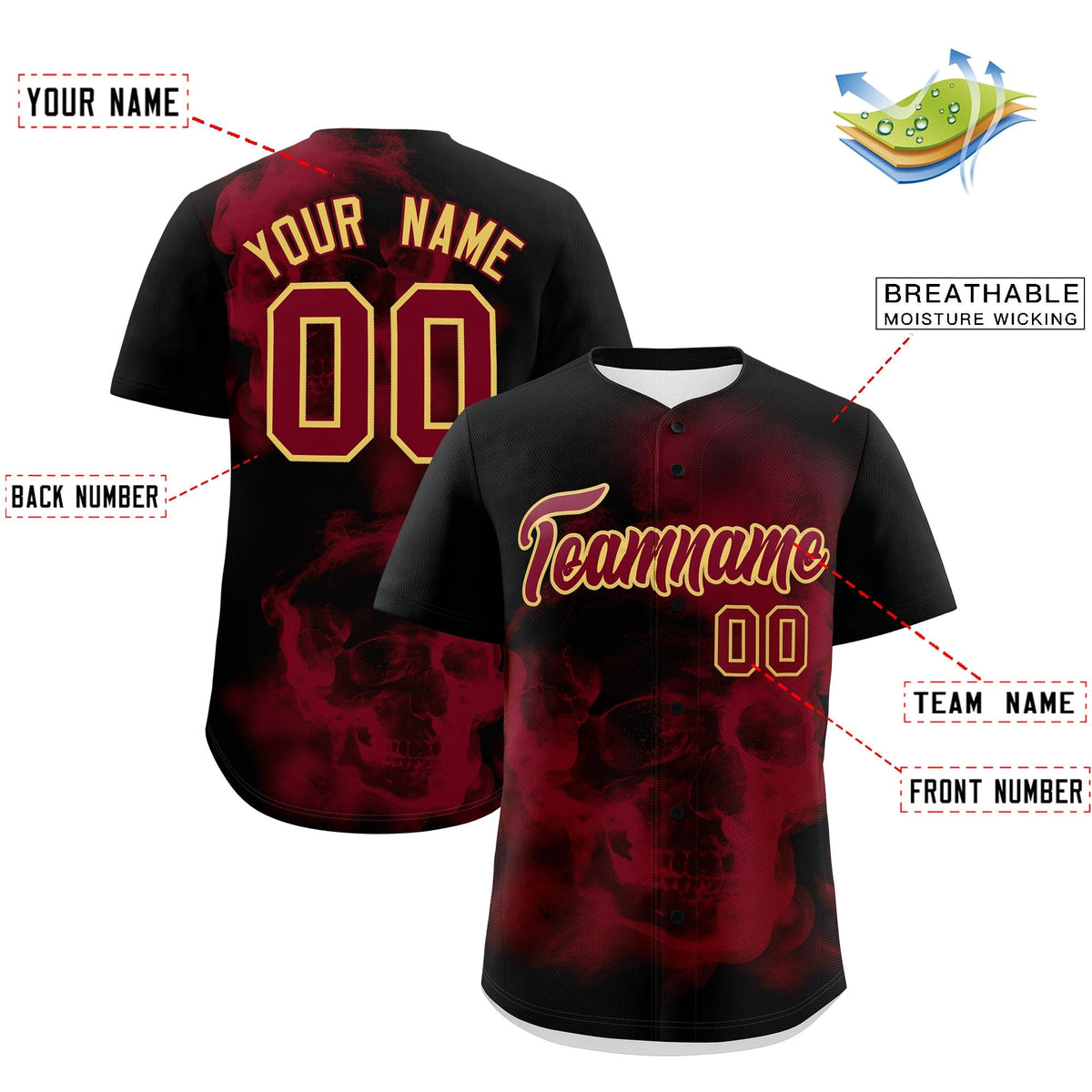 Custom Black Crimson Khaki skeleton Graffiti Pattern Quick Dry Baseball Jersey| KXKSHOP