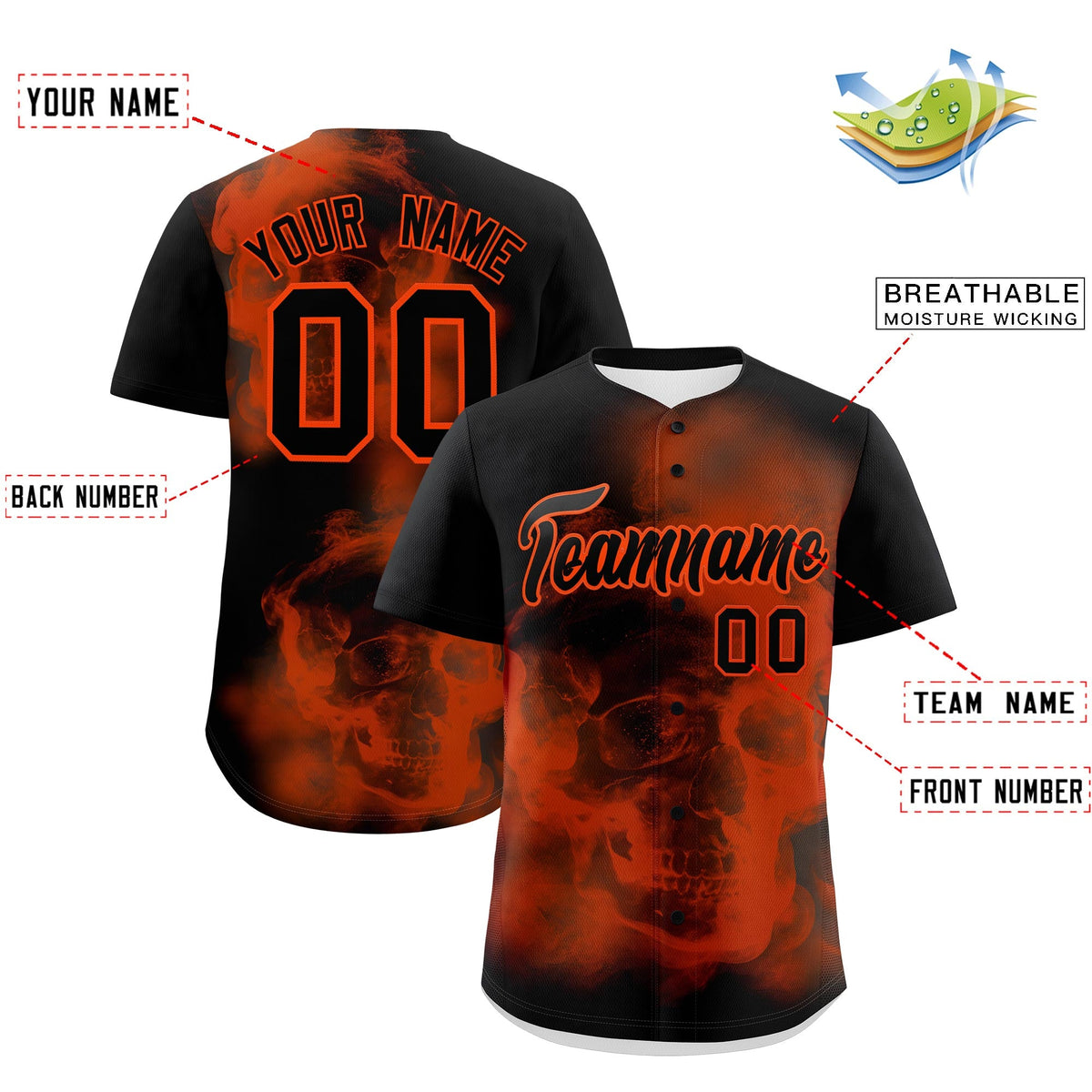Custom Black Orange skeleton Graffiti Pattern Quick Dry Baseball Jersey| KXKSHOP