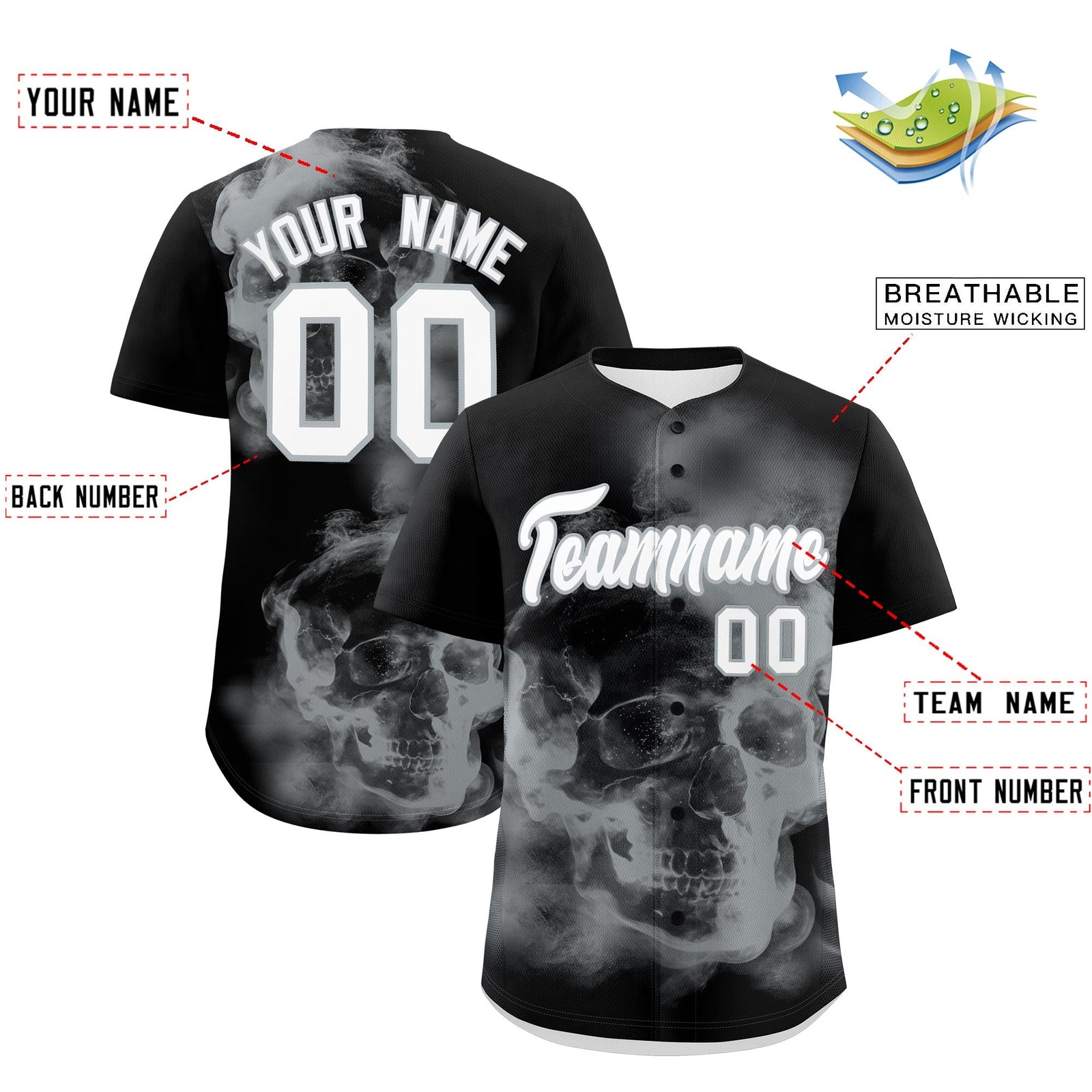 Custom Black Silver White skeleton Graffiti Pattern Lightweight Baseball Jersey| KXKSHOP