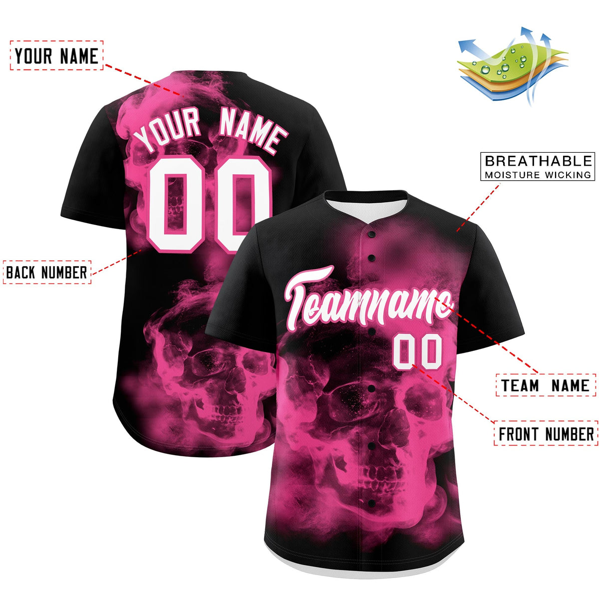 Custom Black Pink White skeleton Graffiti Pattern Quick Dry Baseball Jersey| KXKSHOP