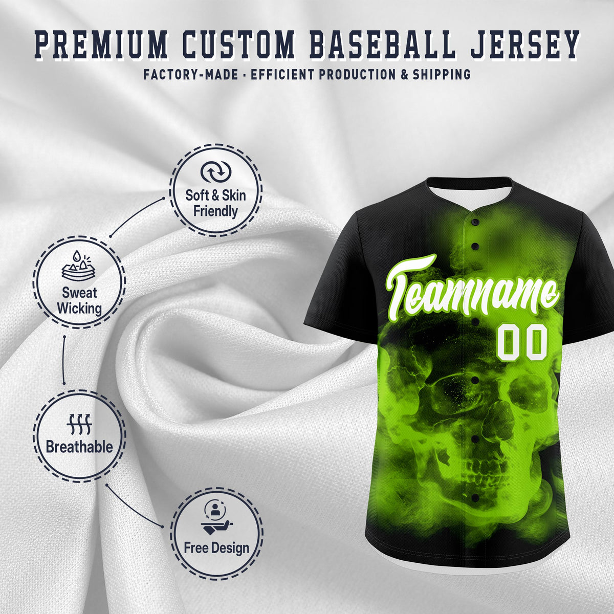 Custom Black Neon Green White skeleton Graffiti Pattern Lightweight Baseball Jersey| KXKSHOP
