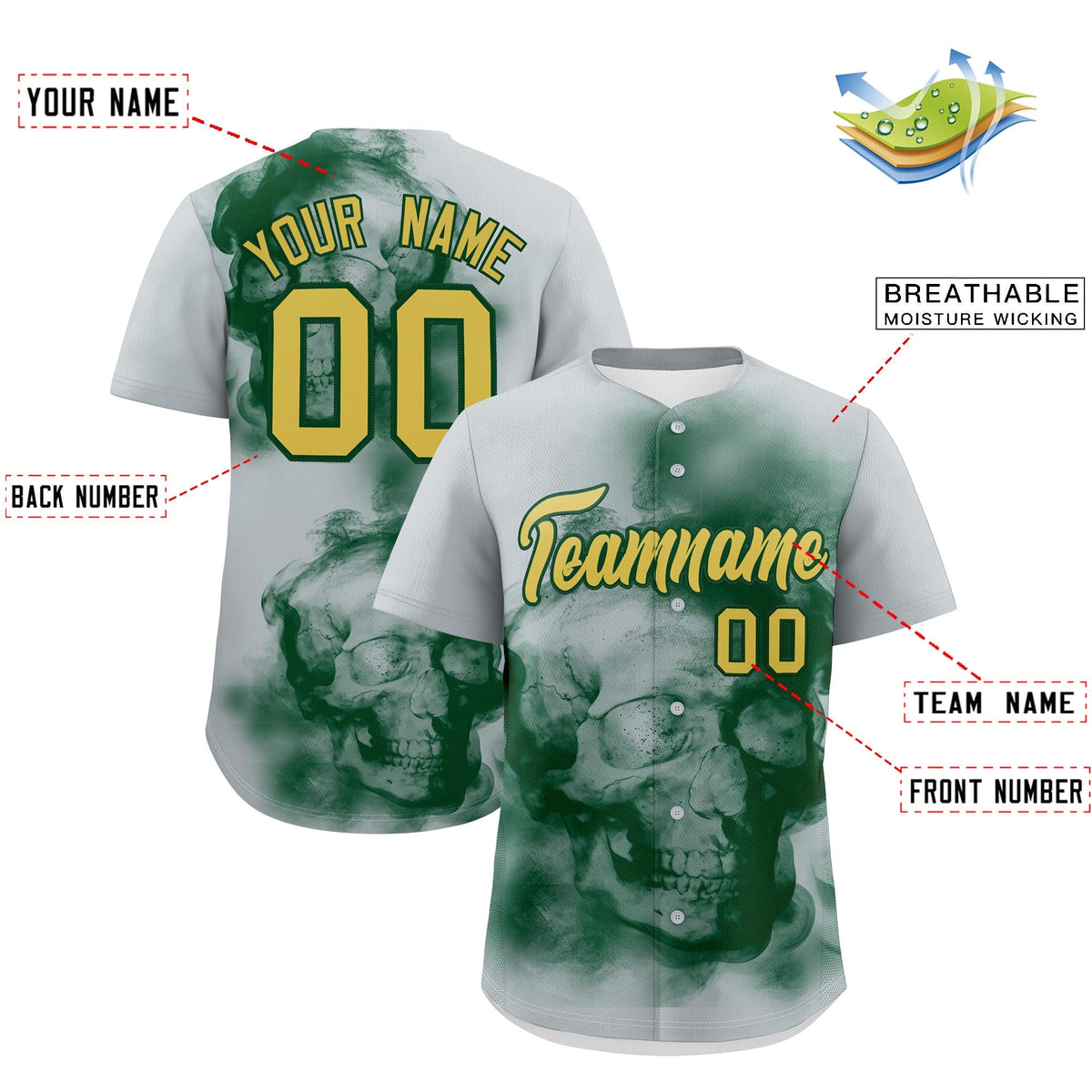 Custom Silver Dark Green Old Gold skeleton Graffiti Pattern Quick Dry Baseball Jersey| KXKSHOP