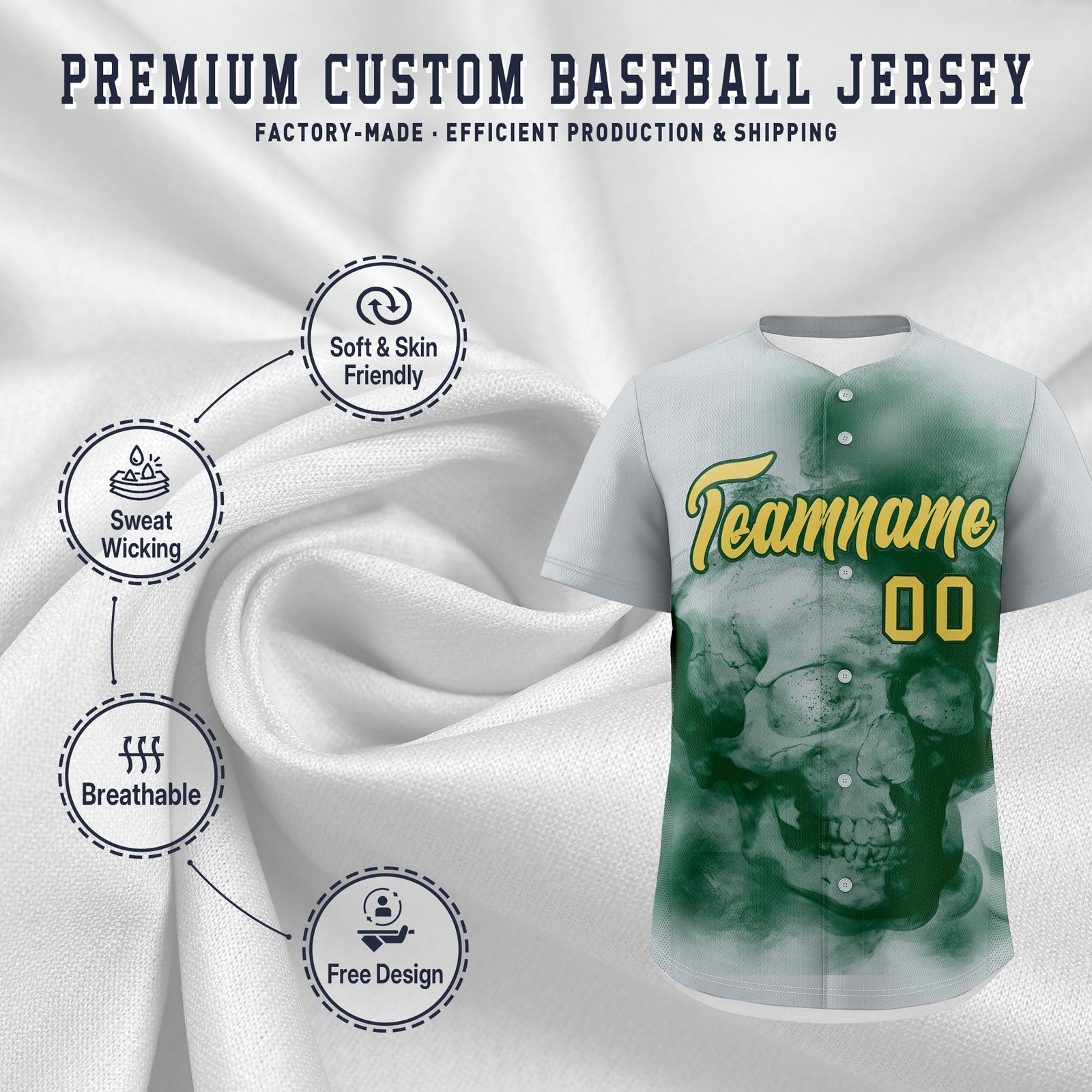 Custom Silver Dark Green Old Gold skeleton Graffiti Pattern Quick Dry Baseball Jersey| KXKSHOP