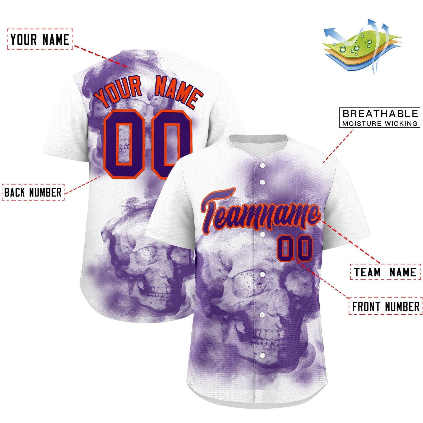 Custom White Purple Orange skeleton Graffiti Pattern Lightweight Baseball Jersey| KXKSHOP