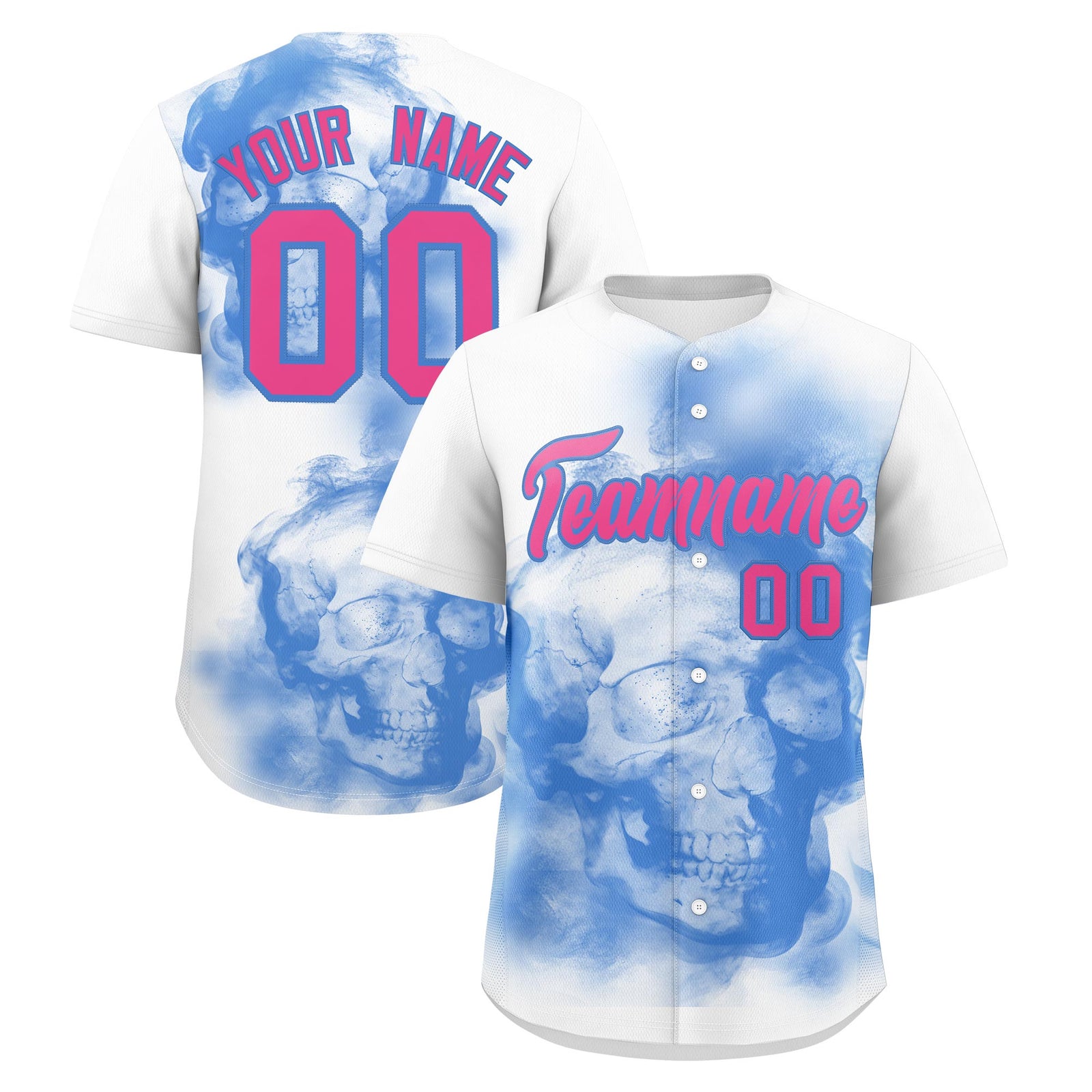 Custom White Powder Blue Pink skeleton Graffiti Pattern Quick Dry Baseball Jersey| KXKSHOP