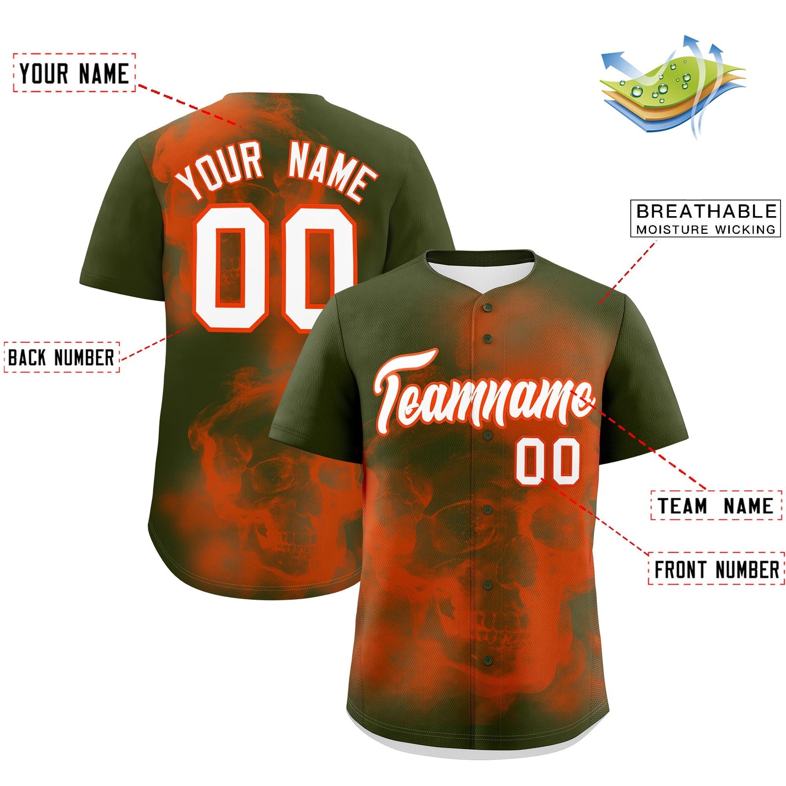 Custom Olive Orange White skeleton Graffiti Pattern Lightweight Baseball Jersey| KXKSHOP