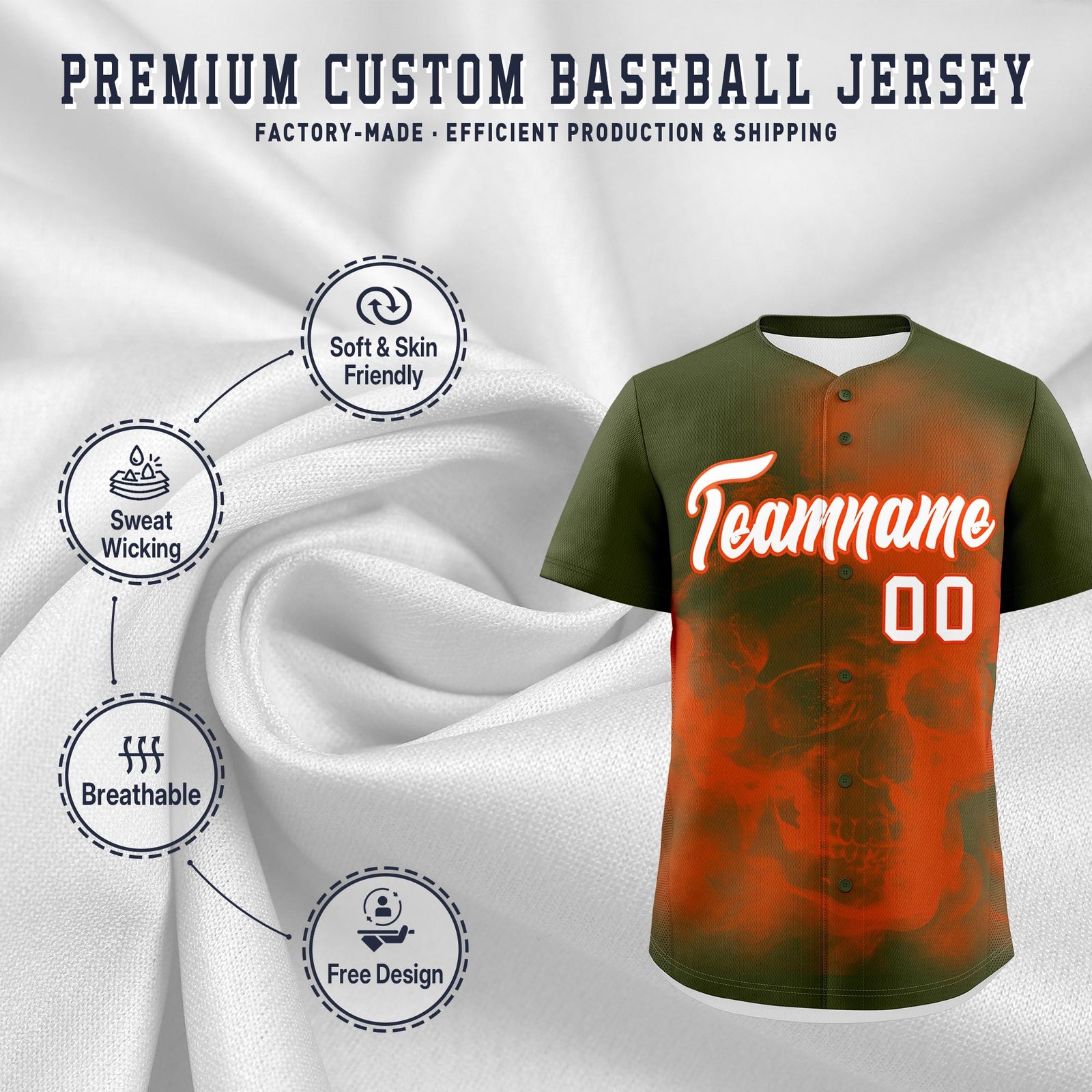 Custom Olive Orange White skeleton Graffiti Pattern Lightweight Baseball Jersey| KXKSHOP