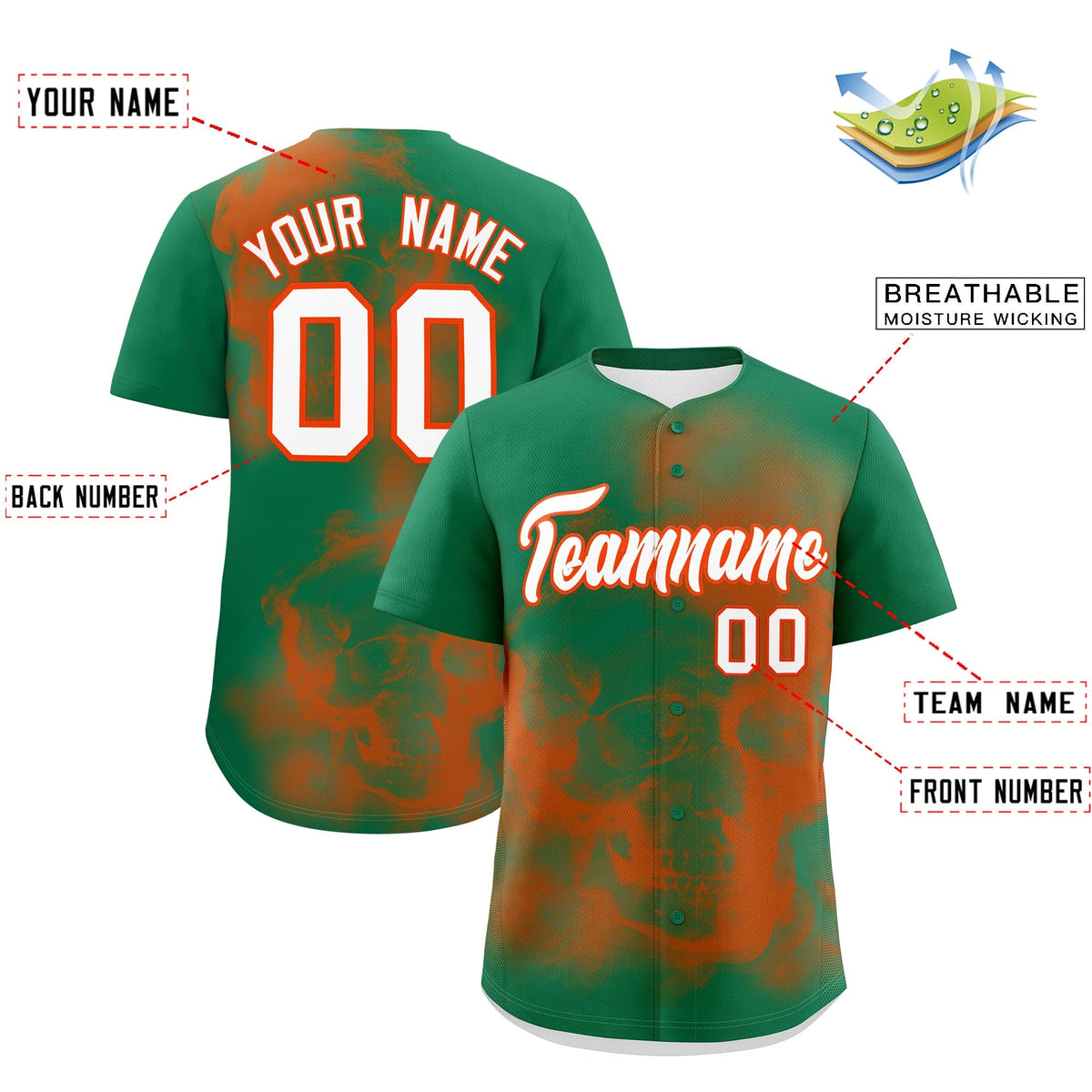 Custom Kelly Green Orange White skeleton Graffiti Pattern Lightweight Baseball Jersey| KXKSHOP