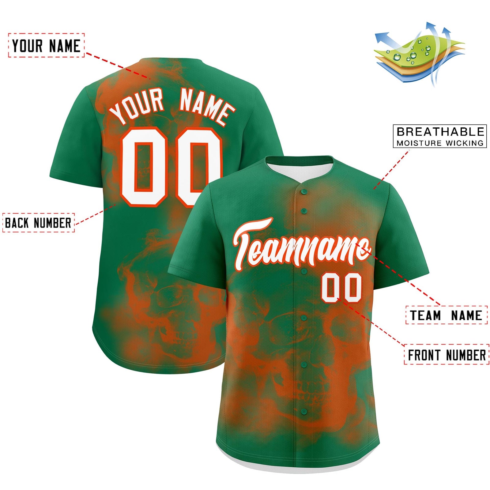 Custom Kelly Green Orange White skeleton Graffiti Pattern Lightweight Baseball Jersey| KXKSHOP