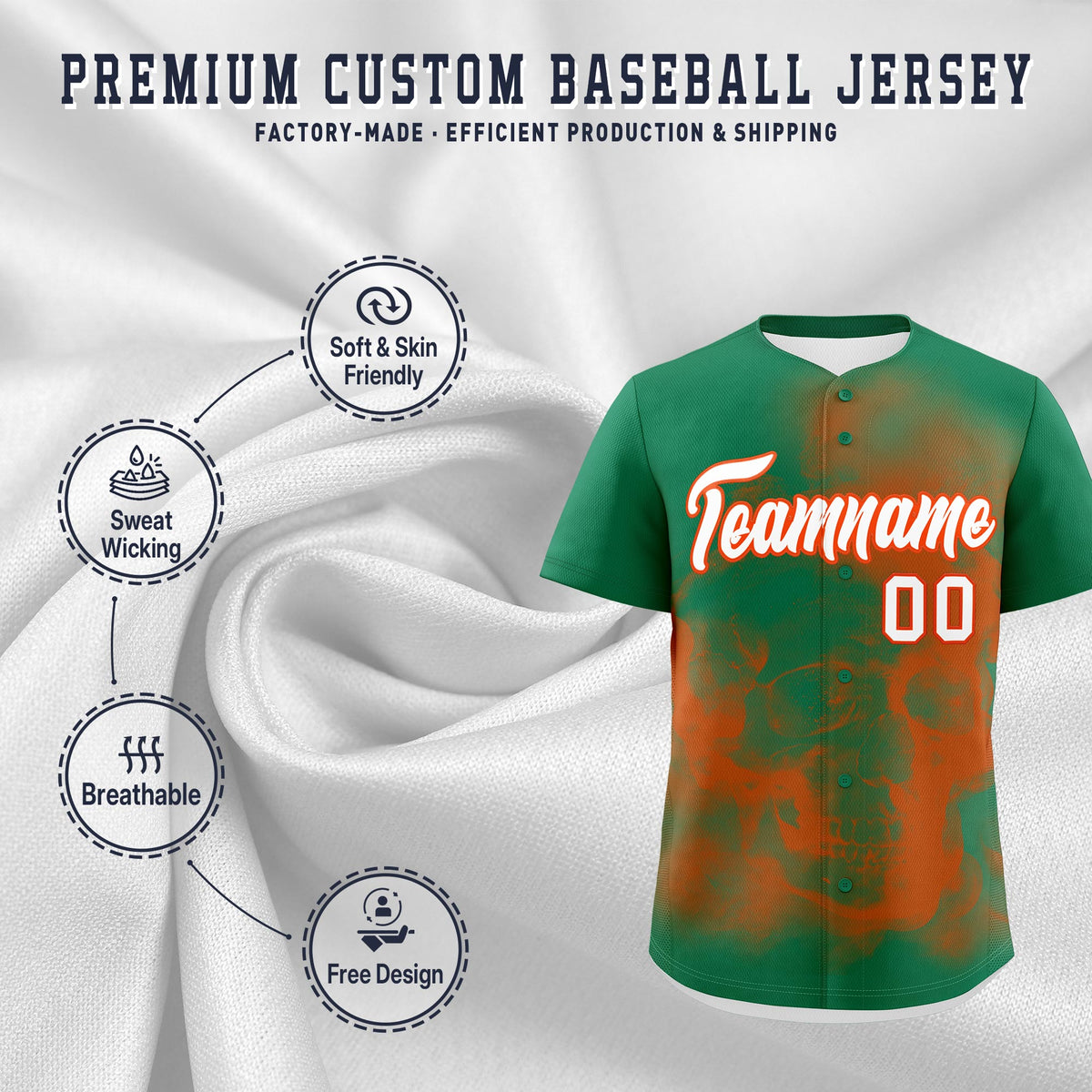 Custom Kelly Green Orange White skeleton Graffiti Pattern Lightweight Baseball Jersey| KXKSHOP