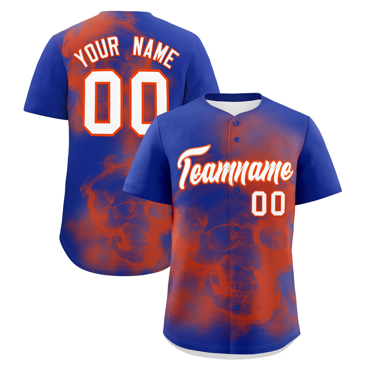 Custom Royal Blue Orange White skeleton Graffiti Pattern Quick Dry Baseball Jersey| KXKSHOP