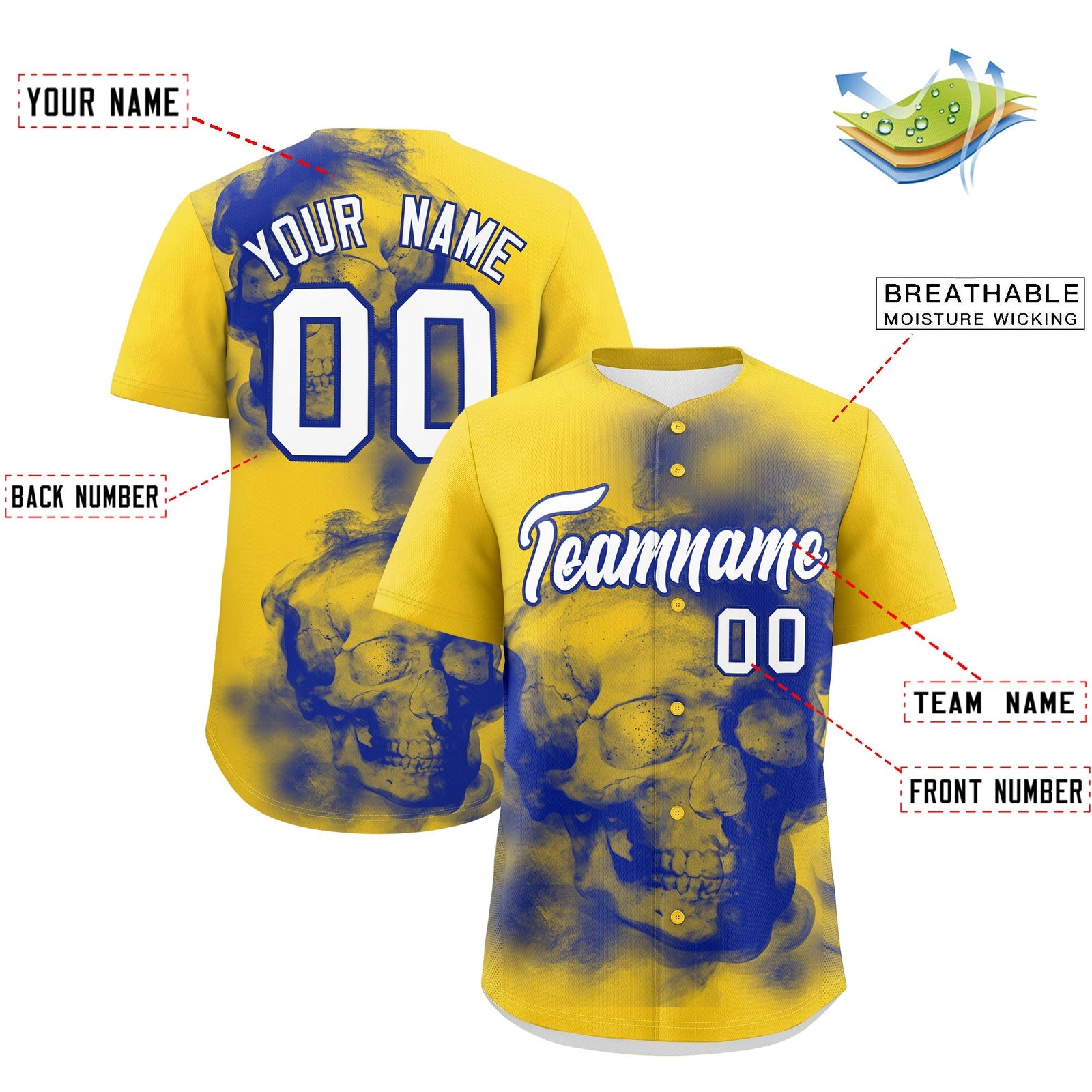 Custom Gold Royal Blue White skeleton Graffiti Pattern Lightweight Baseball Jersey| KXKSHOP