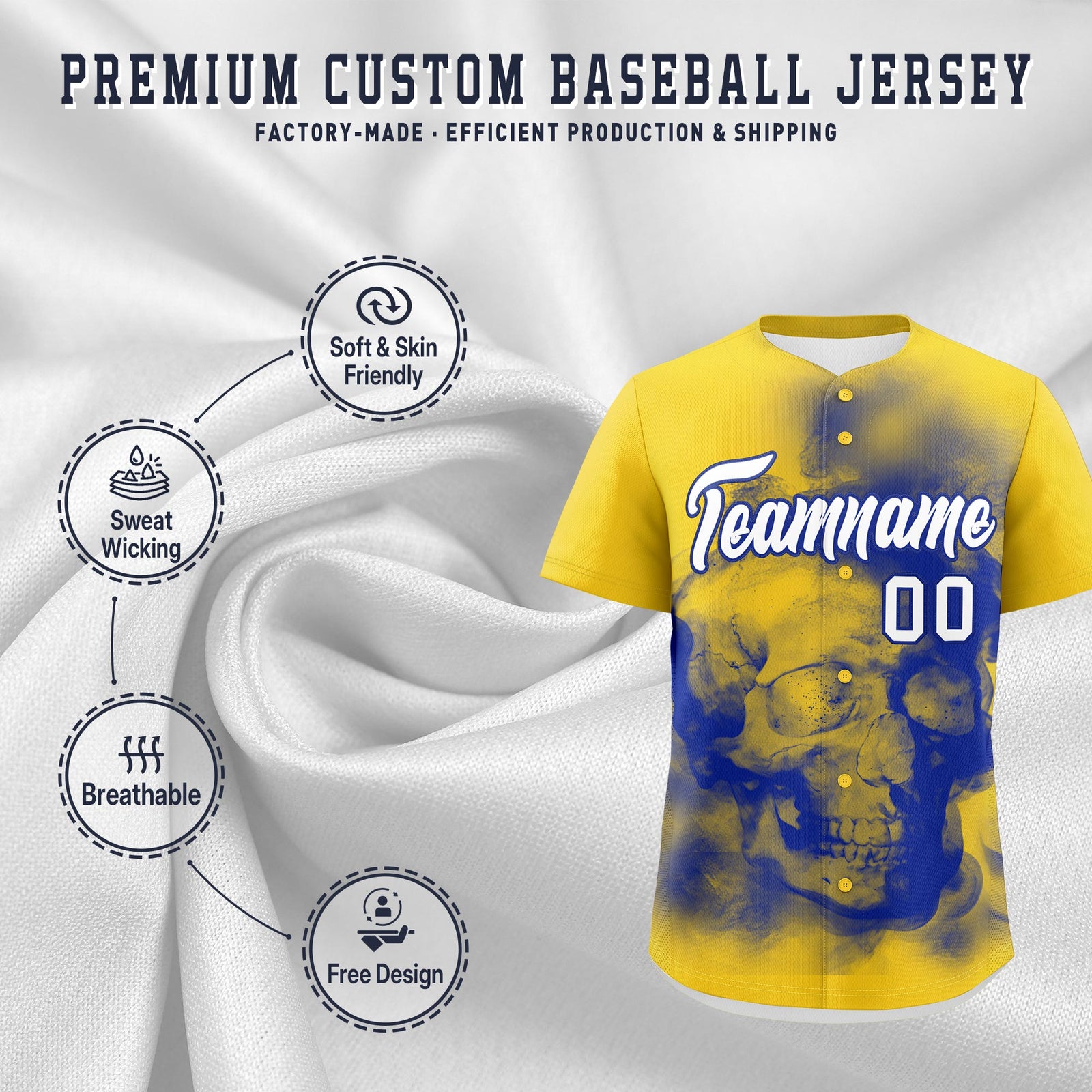 Custom Gold Royal Blue White skeleton Graffiti Pattern Lightweight Baseball Jersey| KXKSHOP