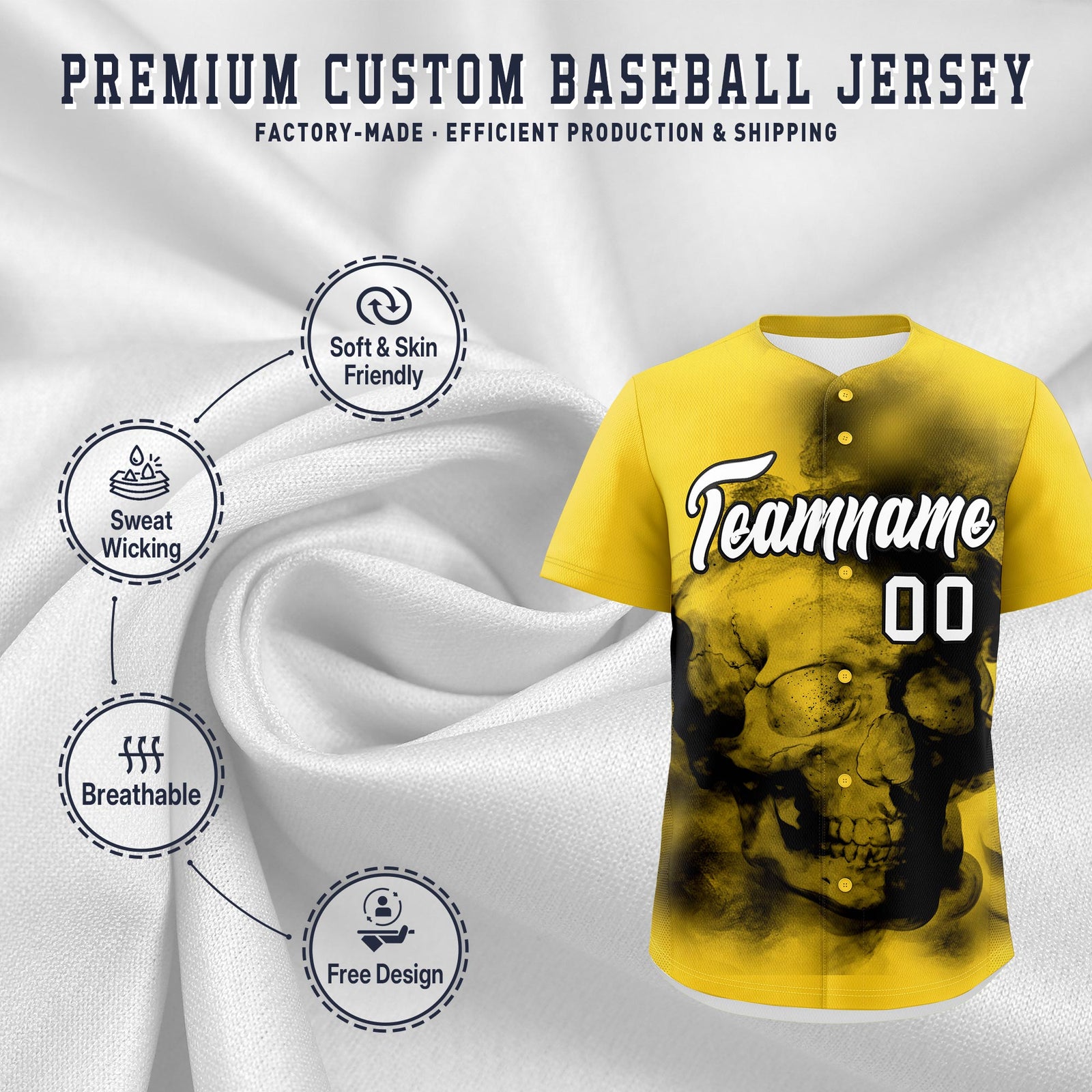 Custom Gold Black White skeleton Graffiti Pattern Quick Dry Baseball Jersey| KXKSHOP