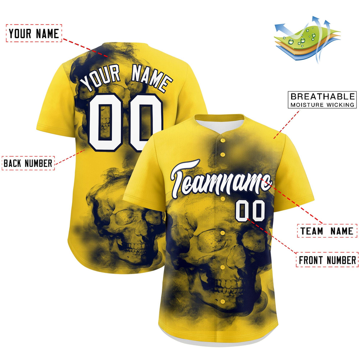 Custom Gold Navy White skeleton Graffiti Pattern Quick Dry Baseball Jersey| KXKSHOP