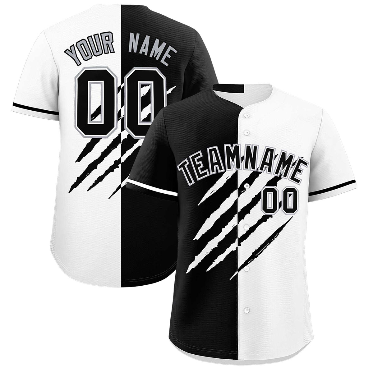 Custom Black White Split Tiger Claw Scratch Pattern Baseball Jersey