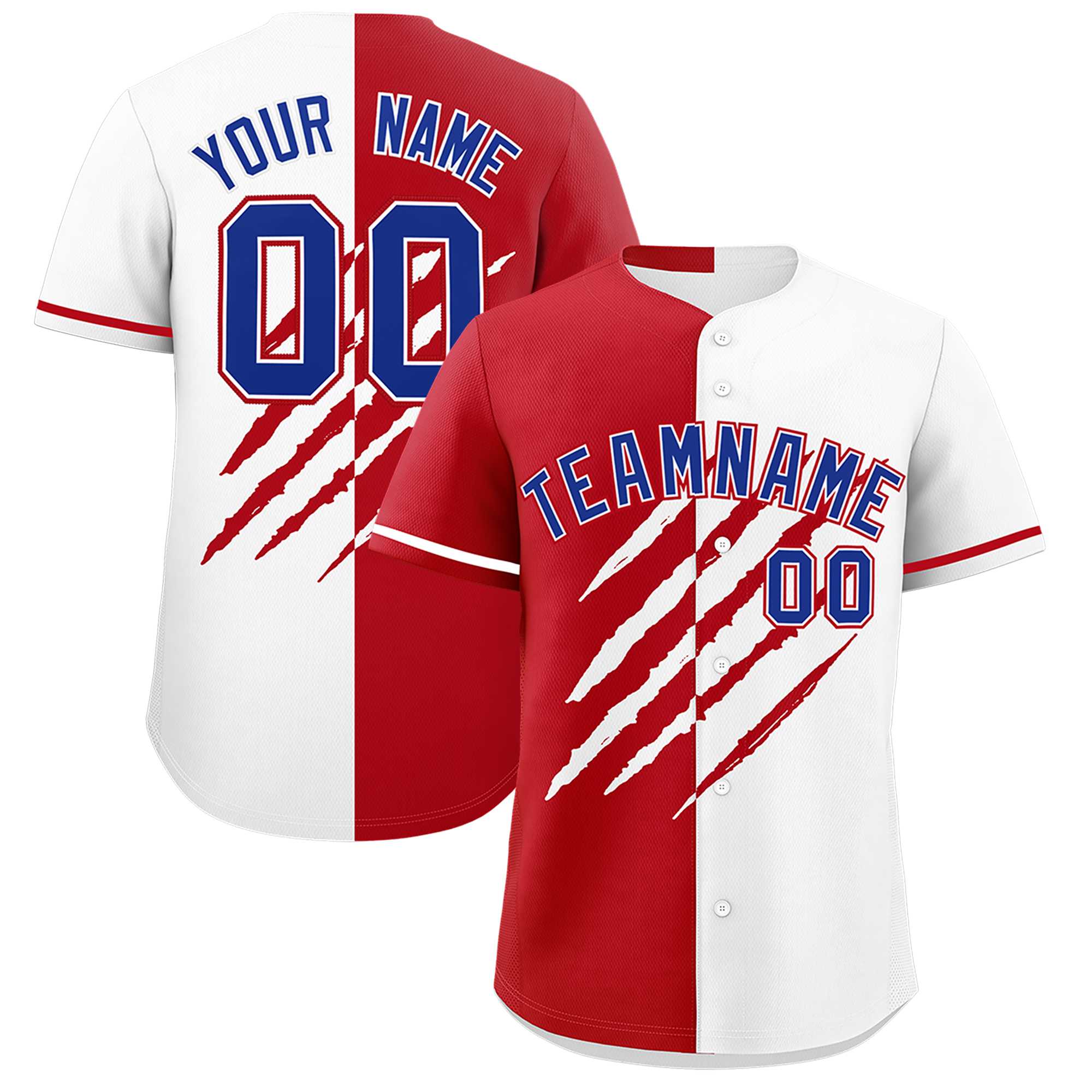 Custom Red White Split Tiger Claw Scratch Pattern Baseball Jersey