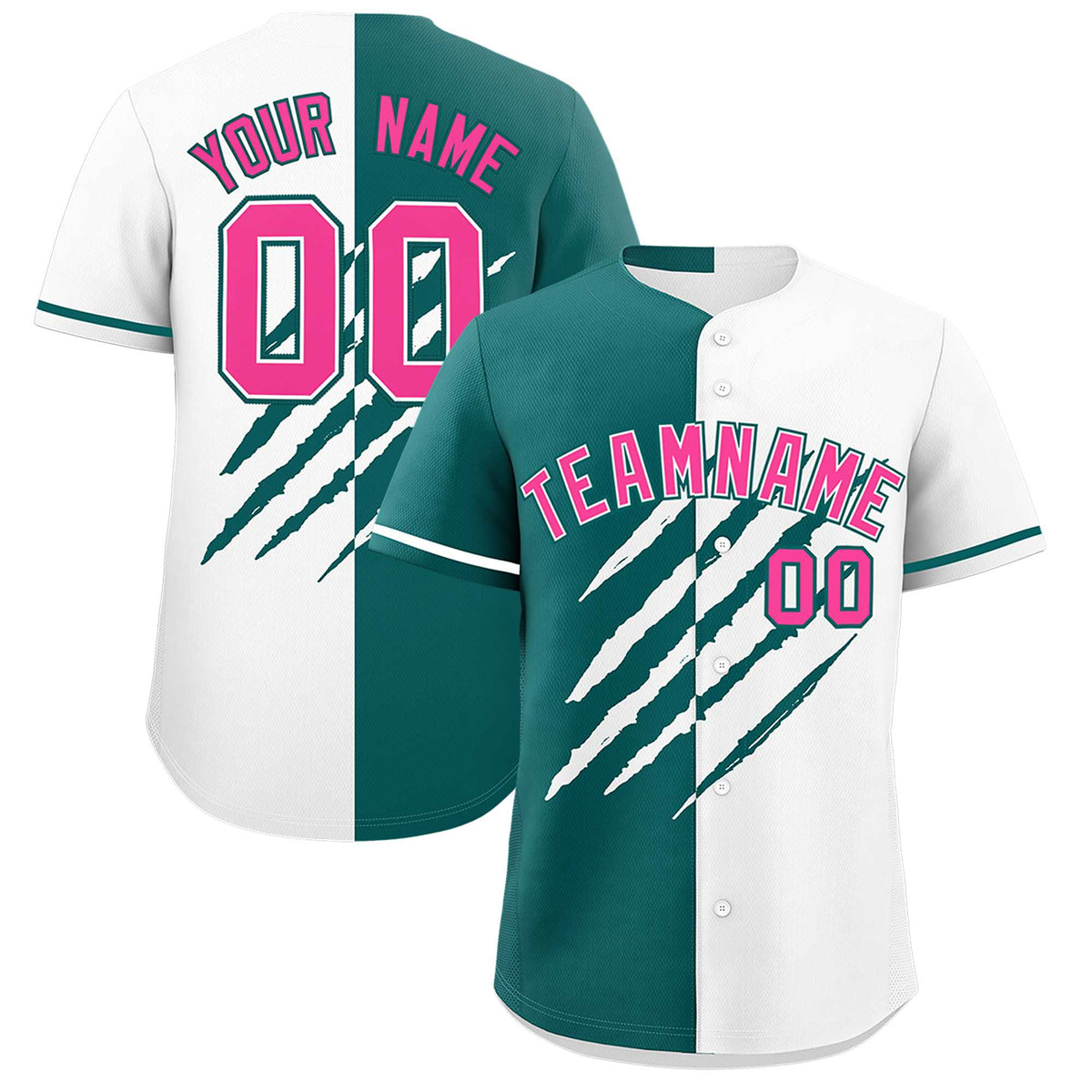 Custom Teal White Split Tiger Claw Scratch Pattern Baseball Jersey