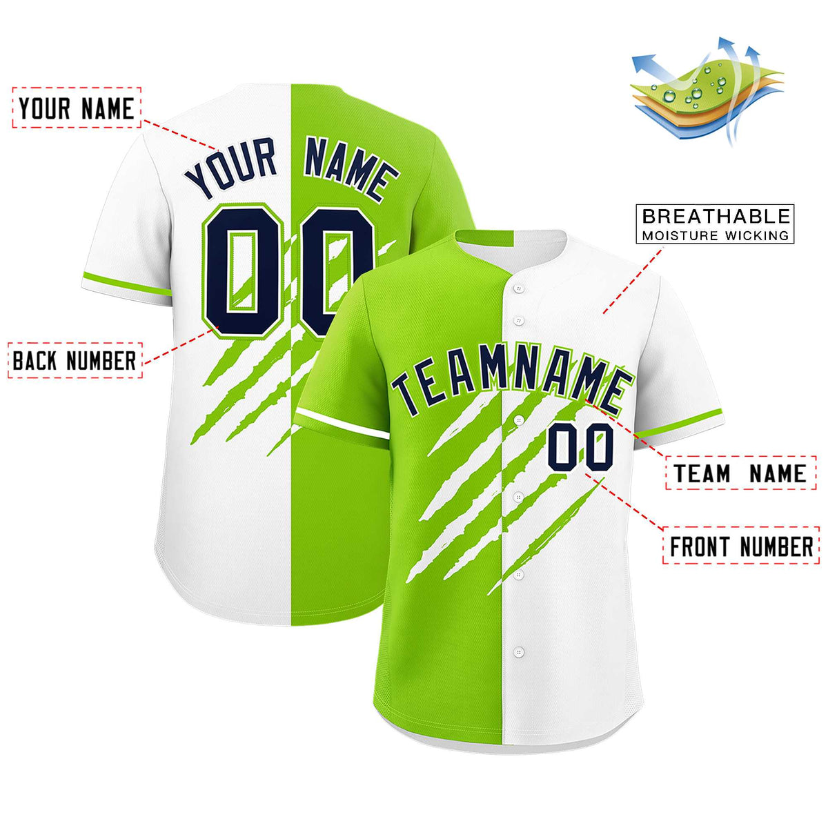 Custom Neon Green White Split Tiger Claw Scratch Pattern Baseball Jersey