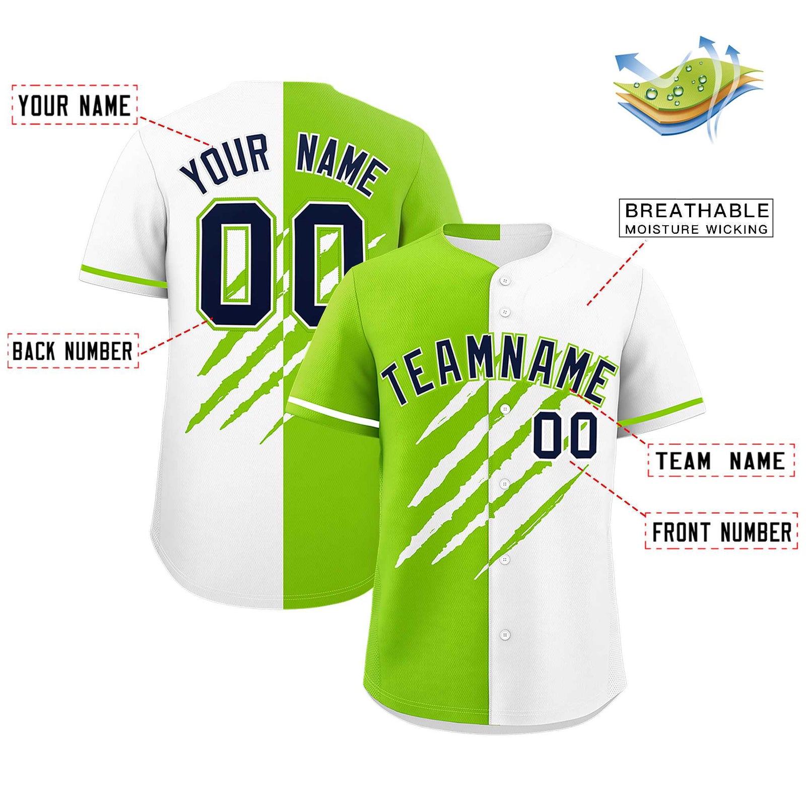 Custom Neon Green White Split Tiger Claw Scratch Pattern Baseball Jersey