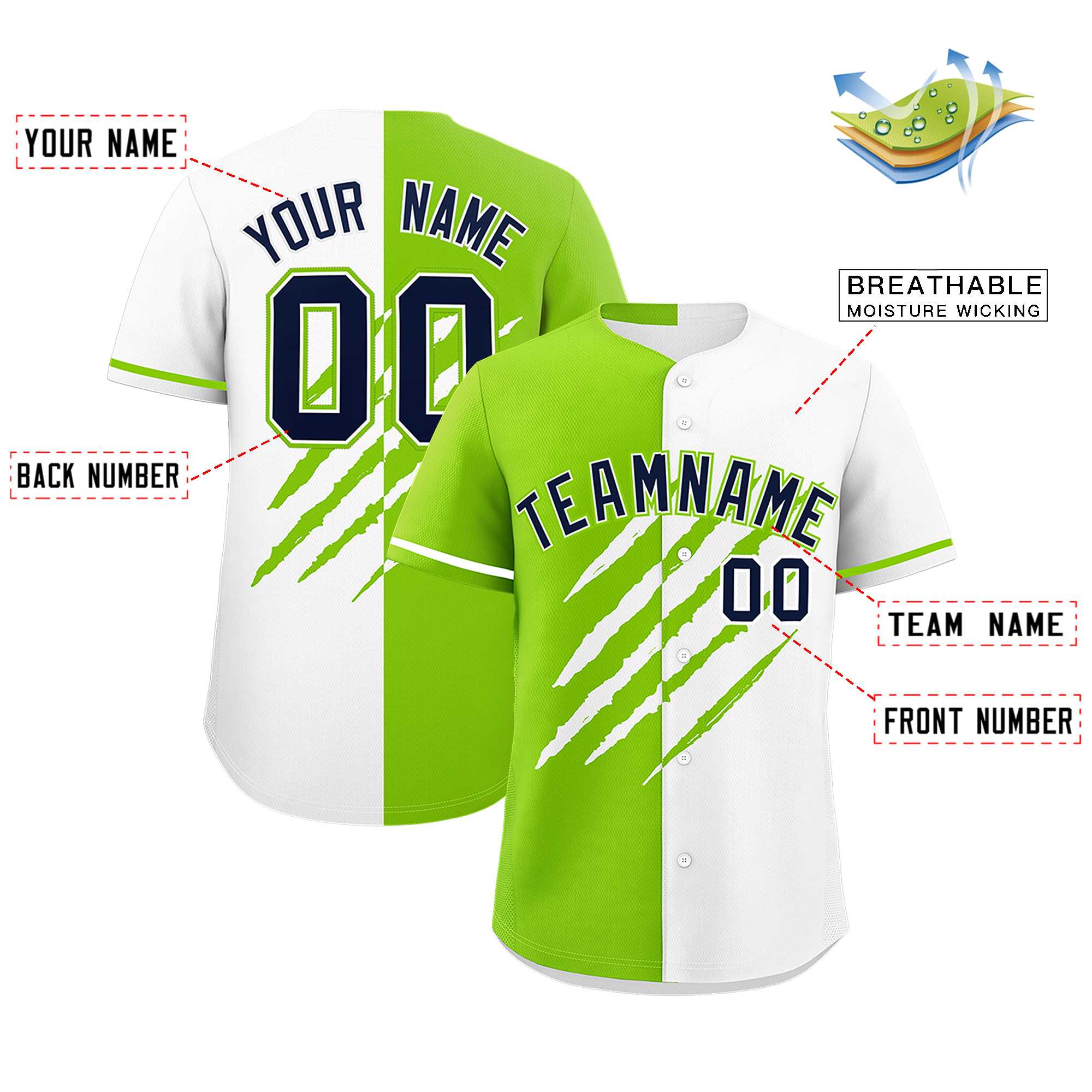 Custom Neon Green White Split Tiger Claw Scratch Pattern Baseball Jersey
