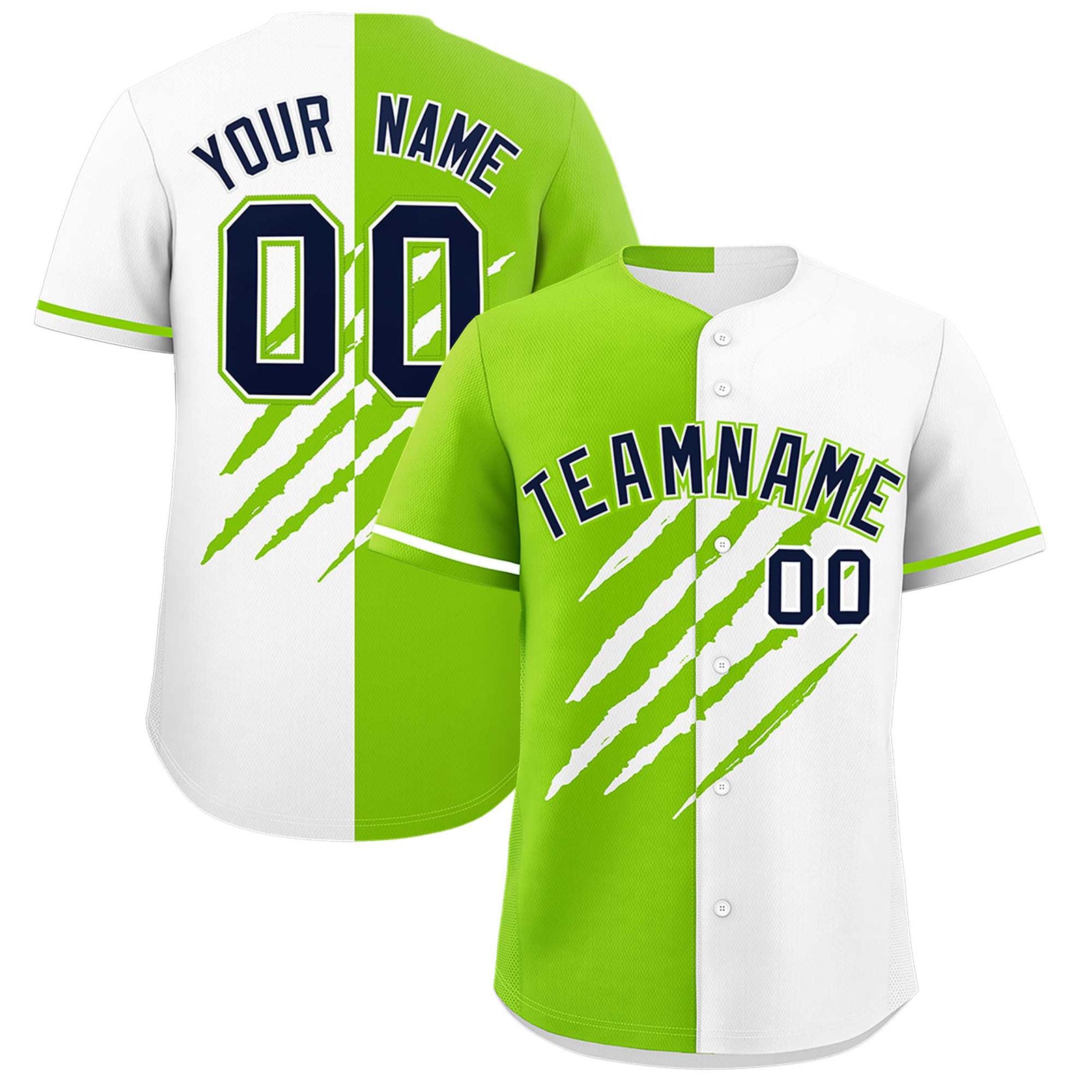 Custom Neon Green White Split Tiger Claw Scratch Pattern Baseball Jersey