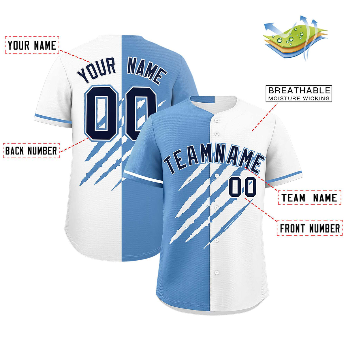 Custom Light Blue White Split Tiger Claw Scratch Pattern Baseball Jersey