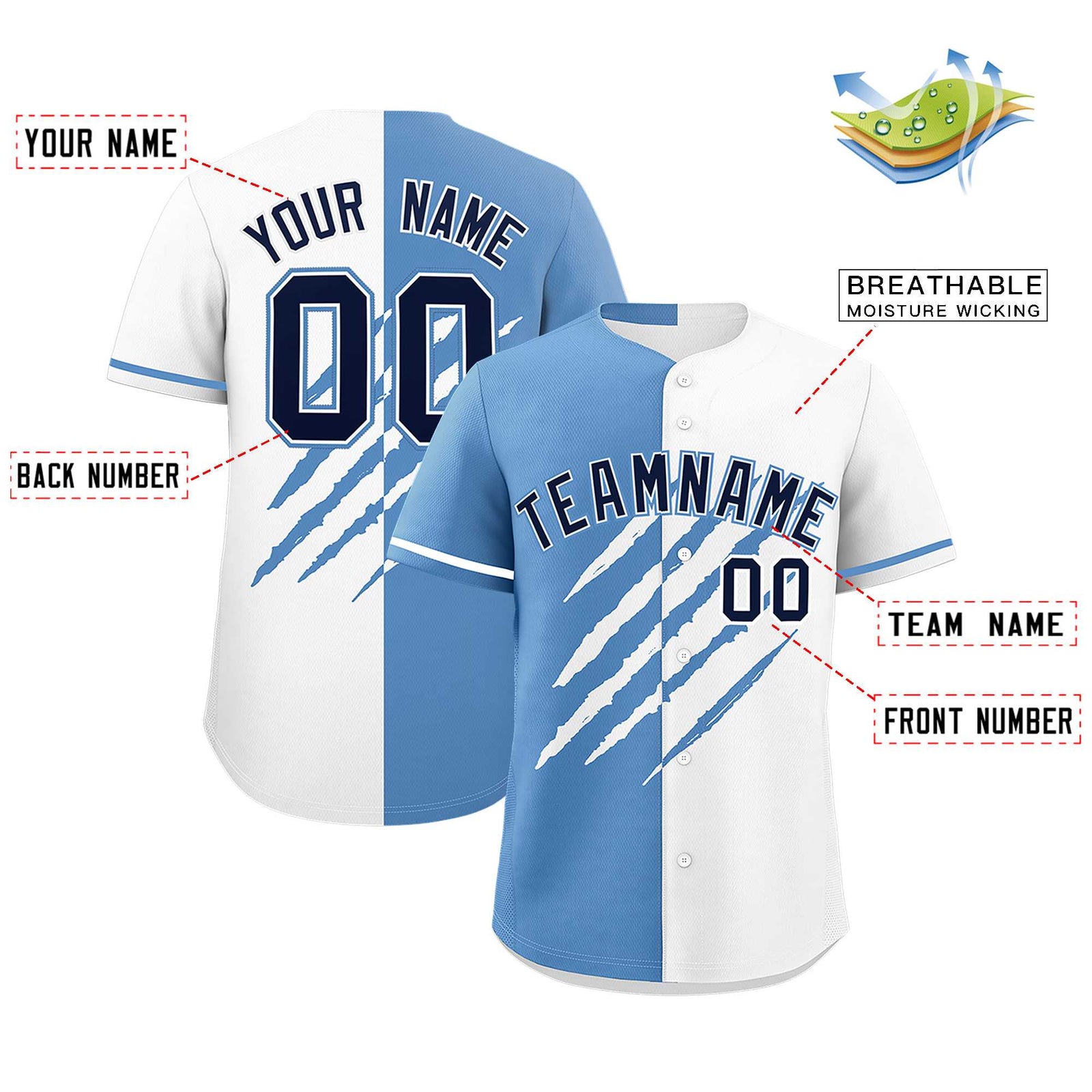 Custom Light Blue White Split Tiger Claw Scratch Pattern Baseball Jersey
