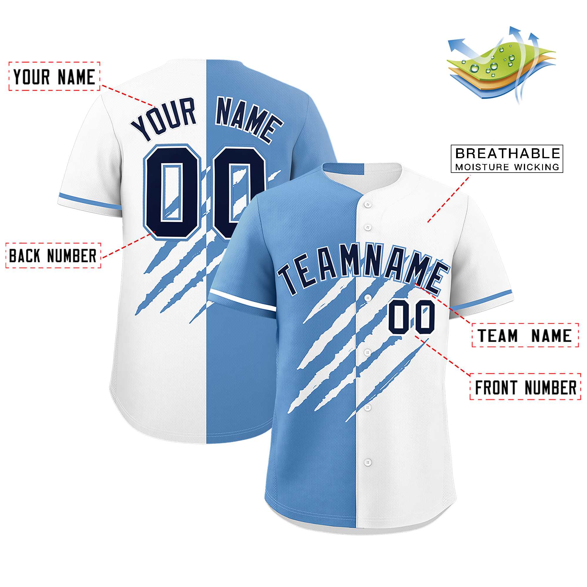 Custom Light Blue White Split Tiger Claw Scratch Pattern Baseball Jersey