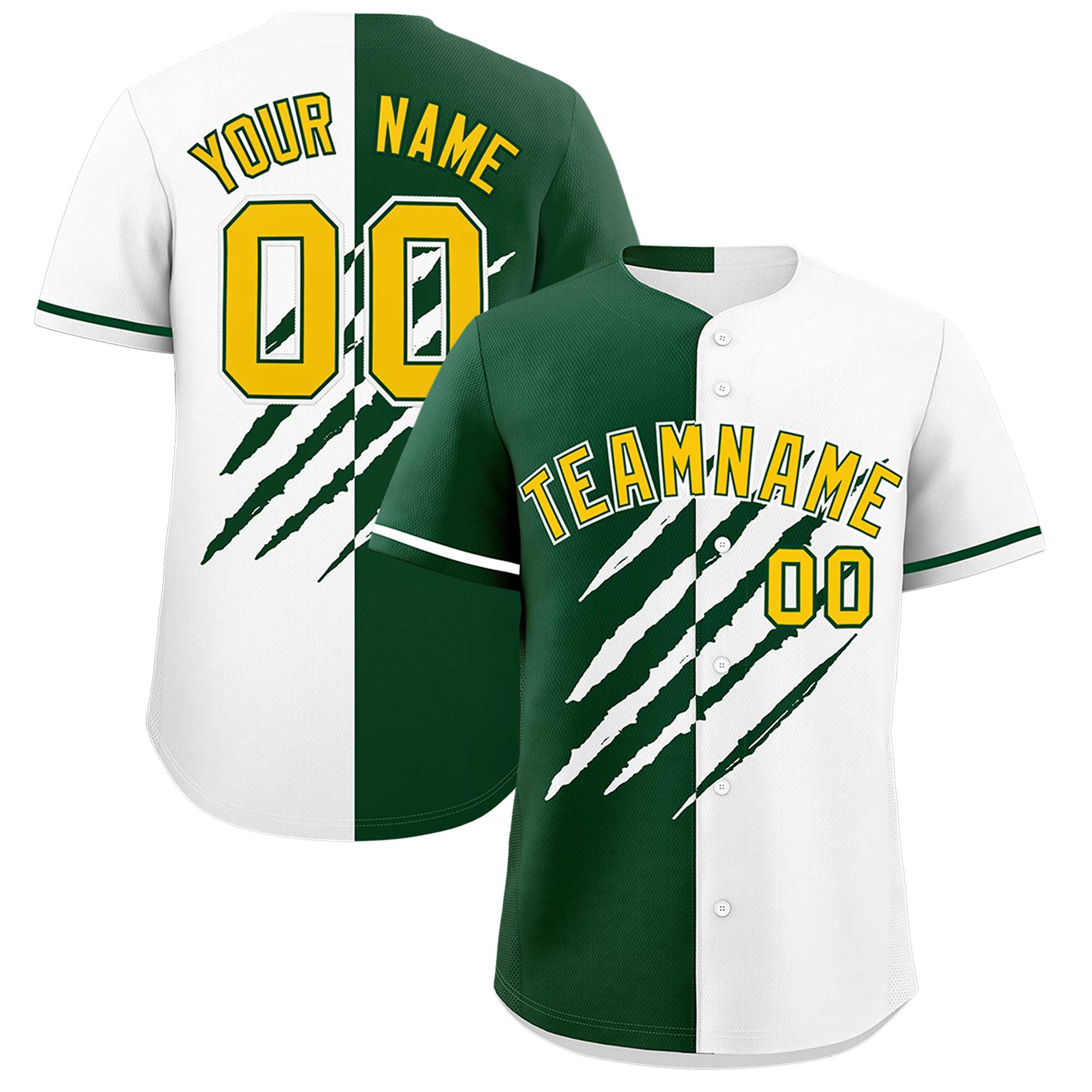 Custom Green White Split Tiger Claw Scratch Pattern Baseball Jersey
