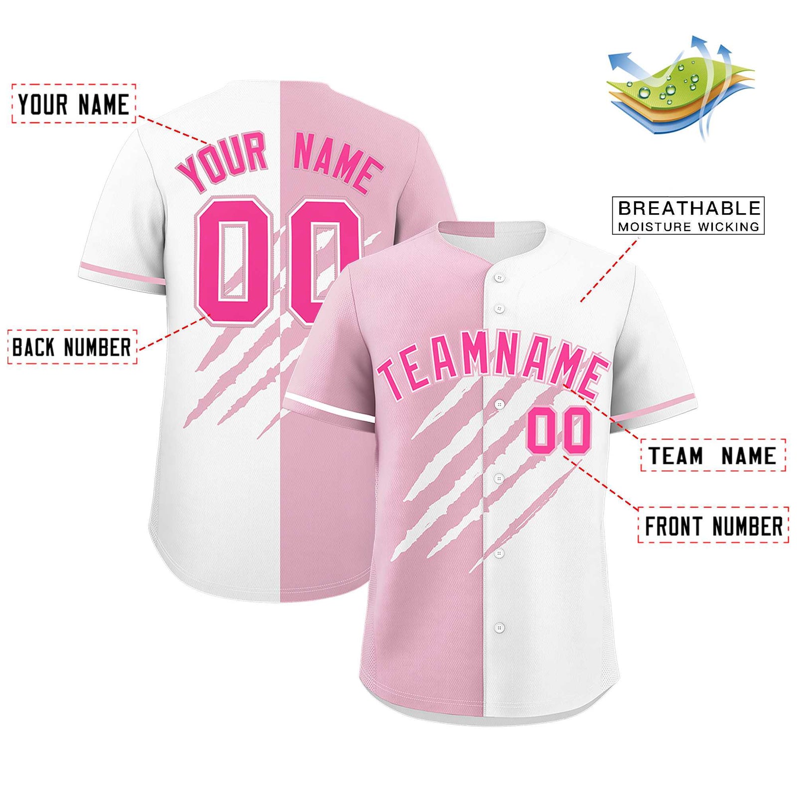 Custom Light Pink White Split Tiger Claw Scratch Pattern Baseball Jersey