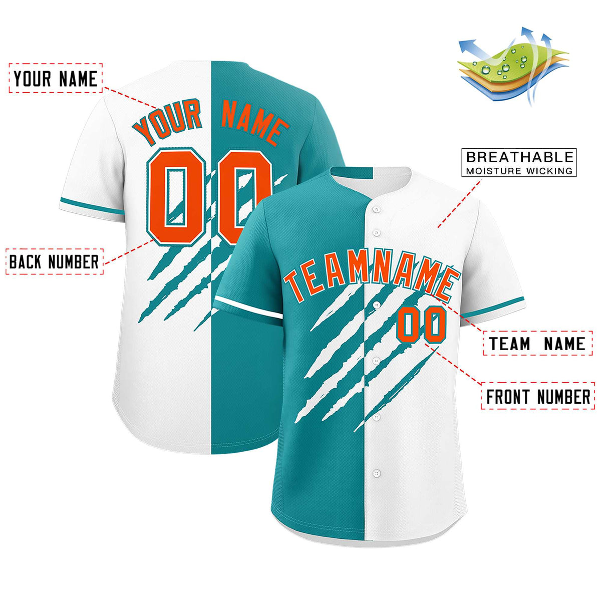 Custom Aqua White Split Tiger Claw Scratch Pattern Baseball Jersey