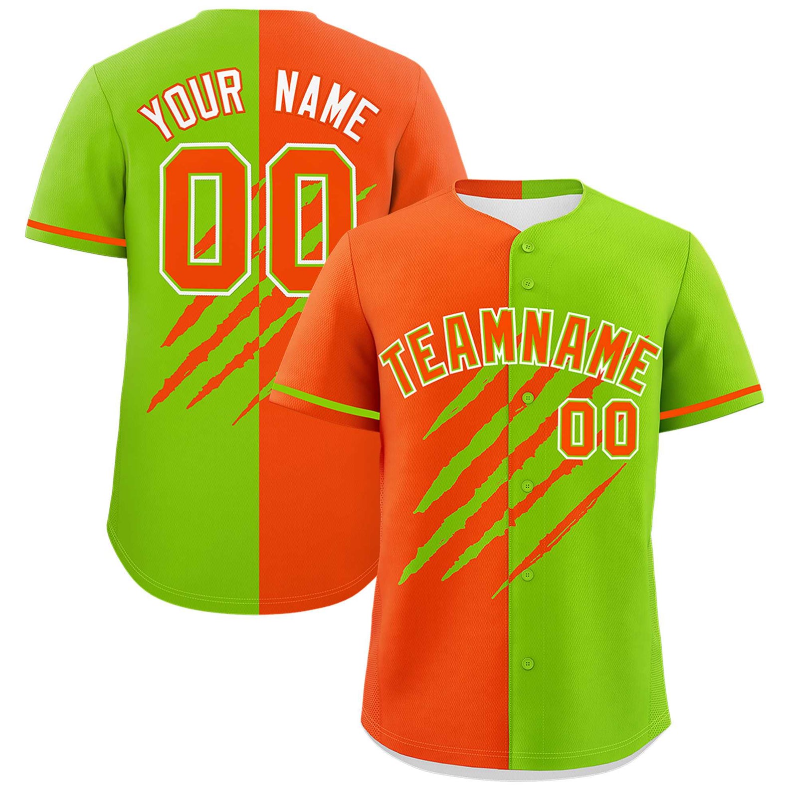 Custom Orange Neon Green Split Tiger Claw Scratch Pattern Baseball Jersey