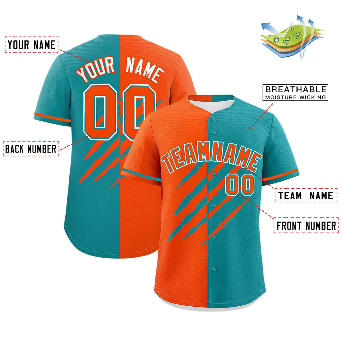 Custom Orange Aqua Split Tiger Claw Scratch Pattern Baseball Jersey