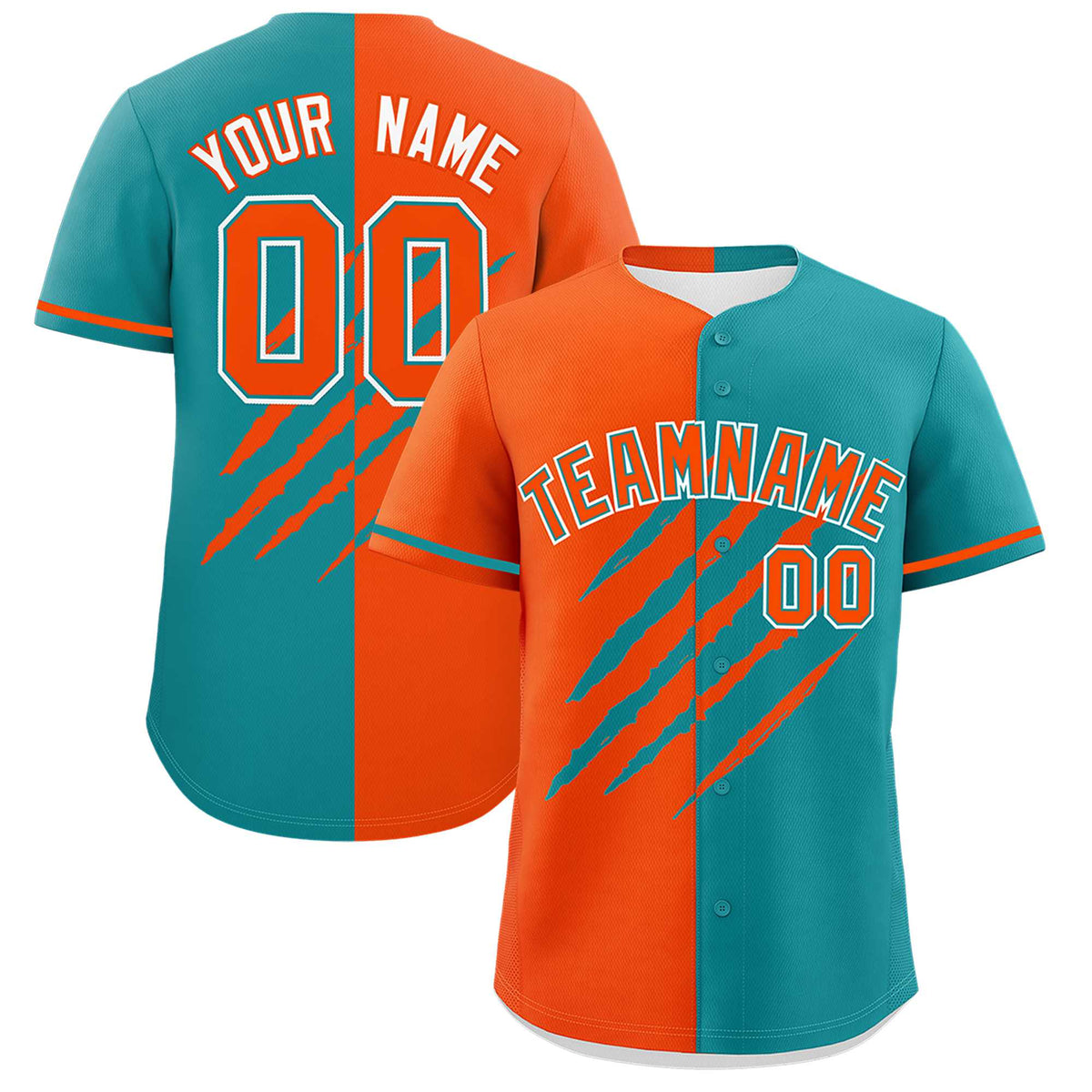 Custom Orange Aqua Split Tiger Claw Scratch Pattern Baseball Jersey