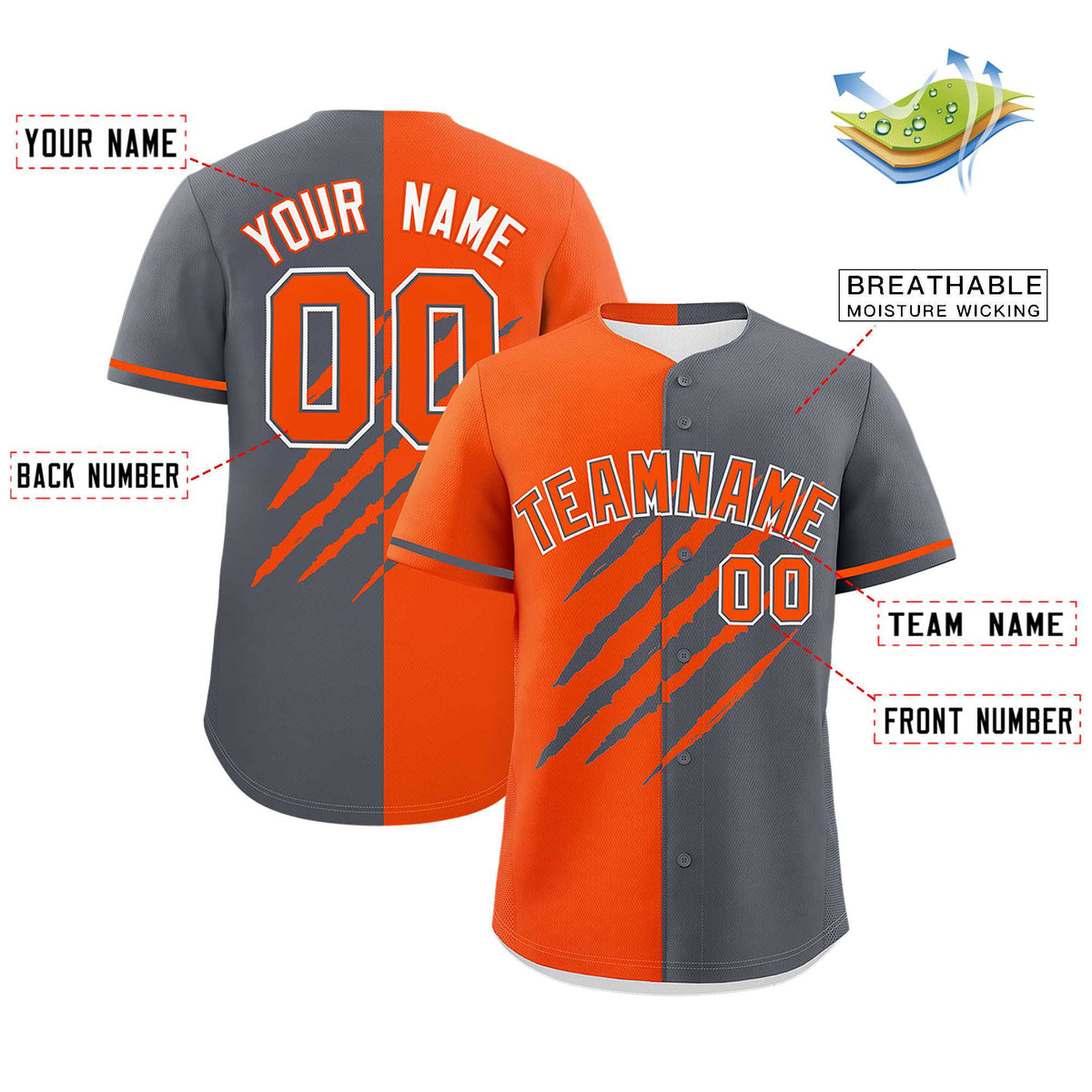 Custom Orange Dark Gray Split Tiger Claw Scratch Pattern Baseball Jersey