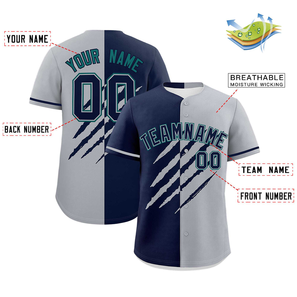 Custom Navy Gray Split Tiger Claw Scratch Pattern Baseball Jersey