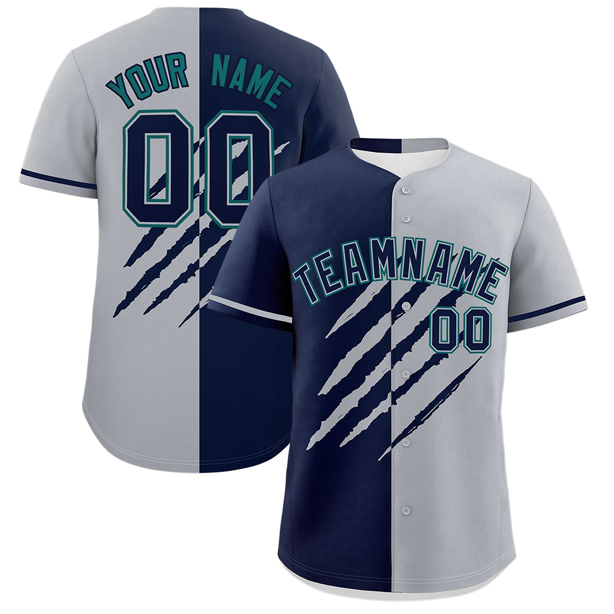 Custom Navy Gray Split Tiger Claw Scratch Pattern Baseball Jersey