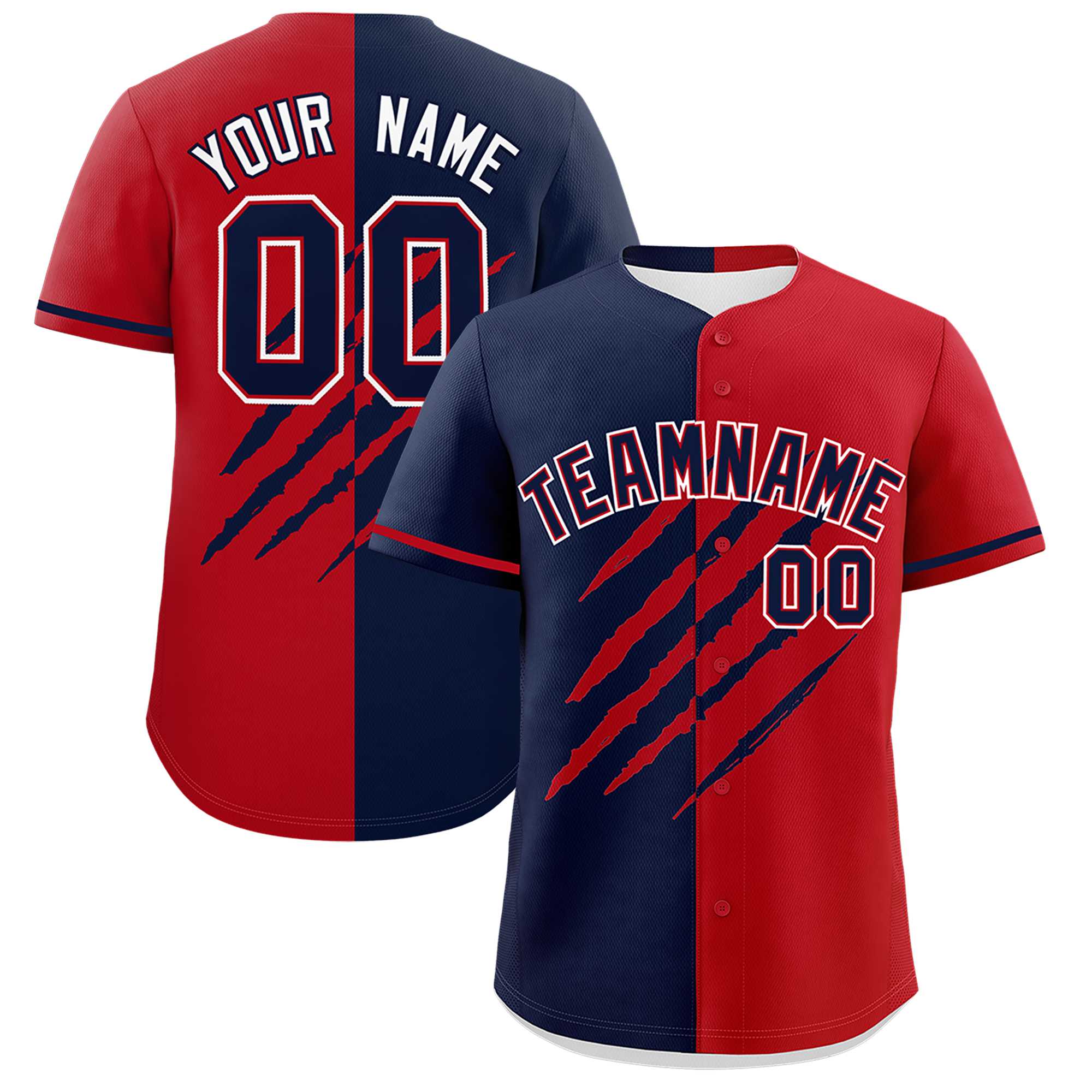 Custom Navy Red Split Tiger Claw Scratch Pattern Baseball Jersey
