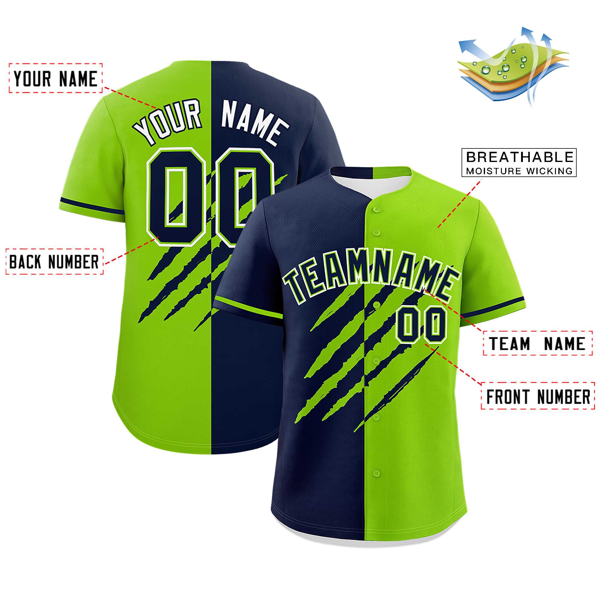 Custom Navy Neon Green Split Tiger Claw Scratch Pattern Baseball Jersey