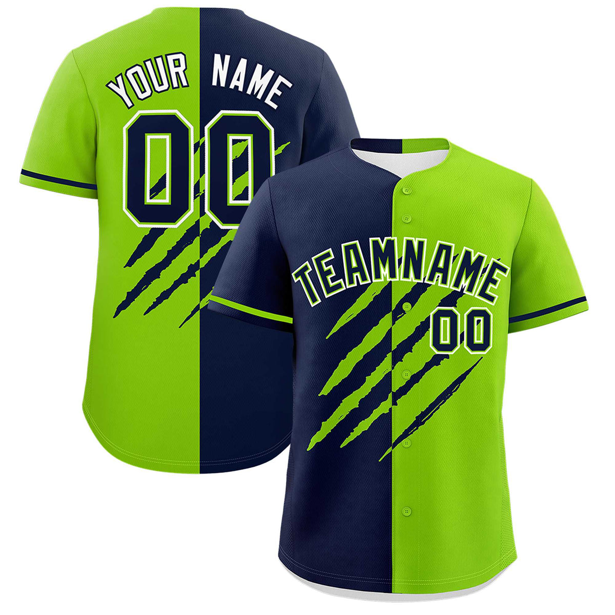 Custom Navy Neon Green Split Tiger Claw Scratch Pattern Baseball Jersey