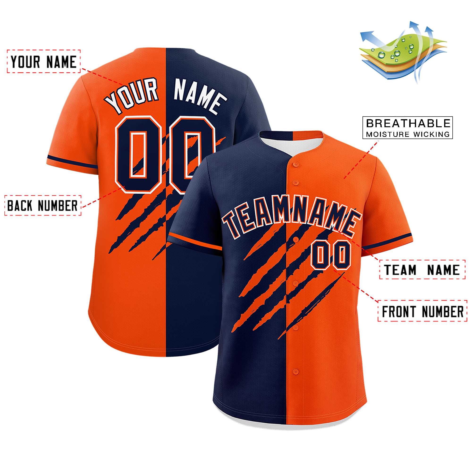 Custom Navy Orange Split Tiger Claw Scratch Pattern Baseball Jersey
