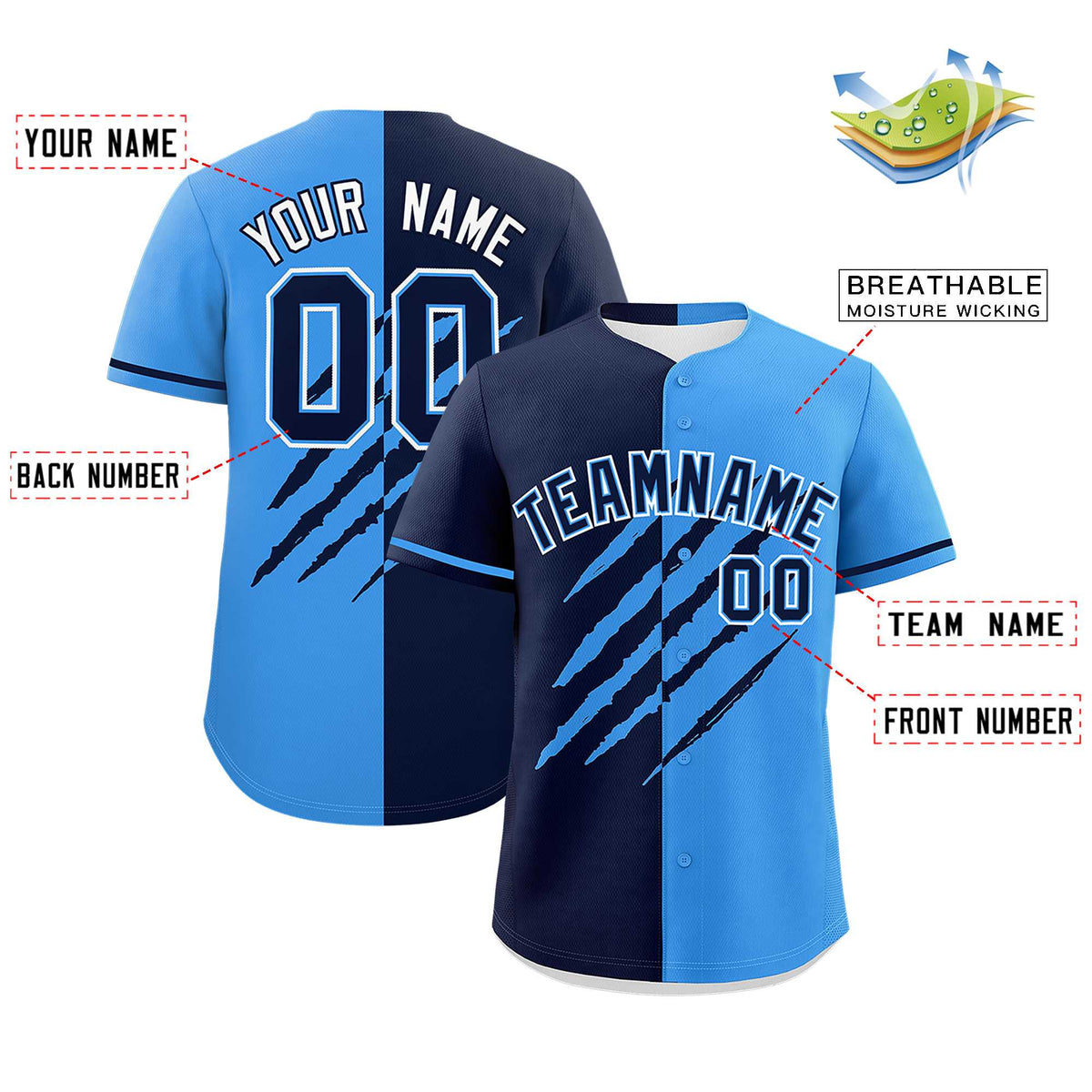Custom Navy Powder Blue Split Tiger Claw Scratch Pattern Baseball Jersey