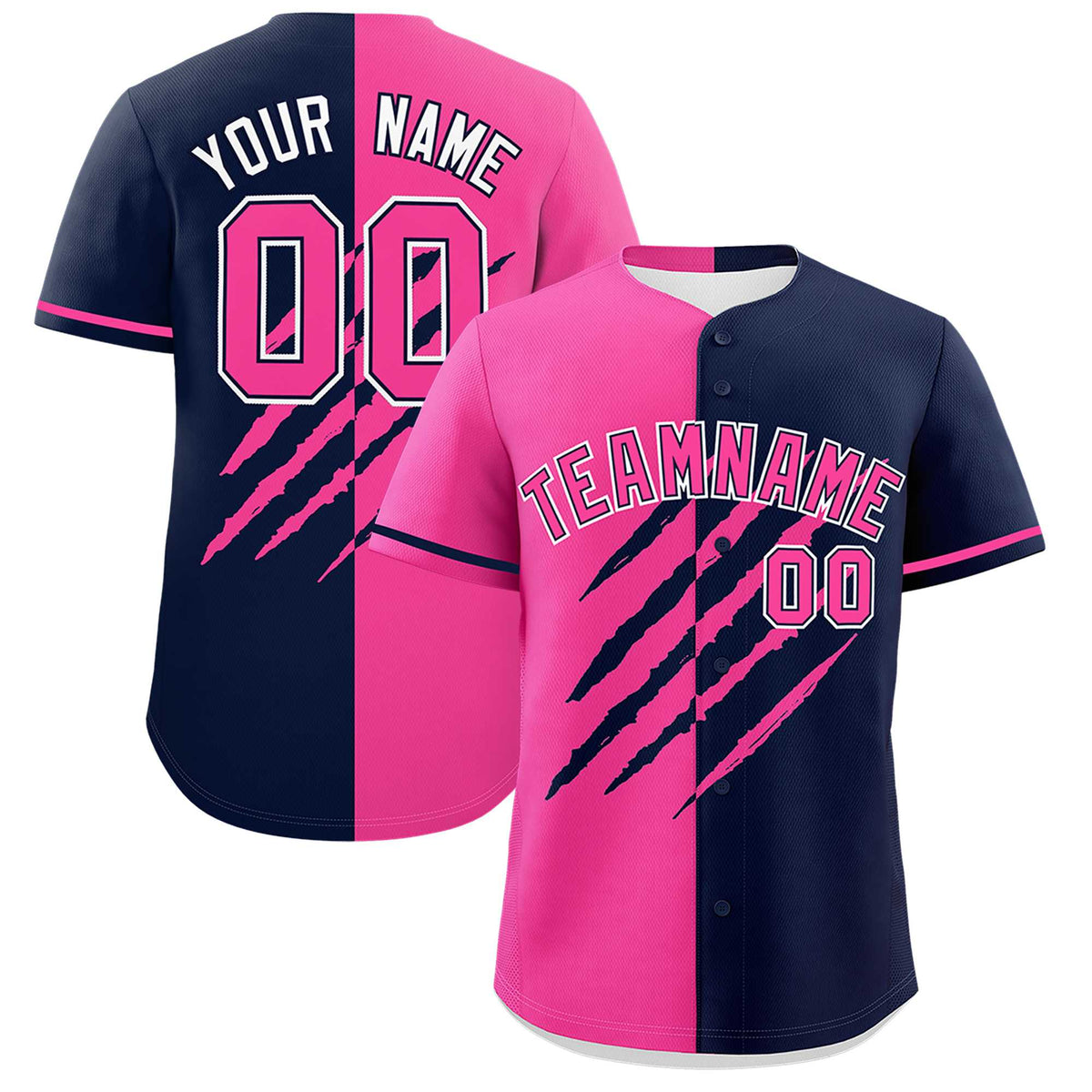 Custom Pink Navy Split Tiger Claw Scratch Pattern Baseball Jersey