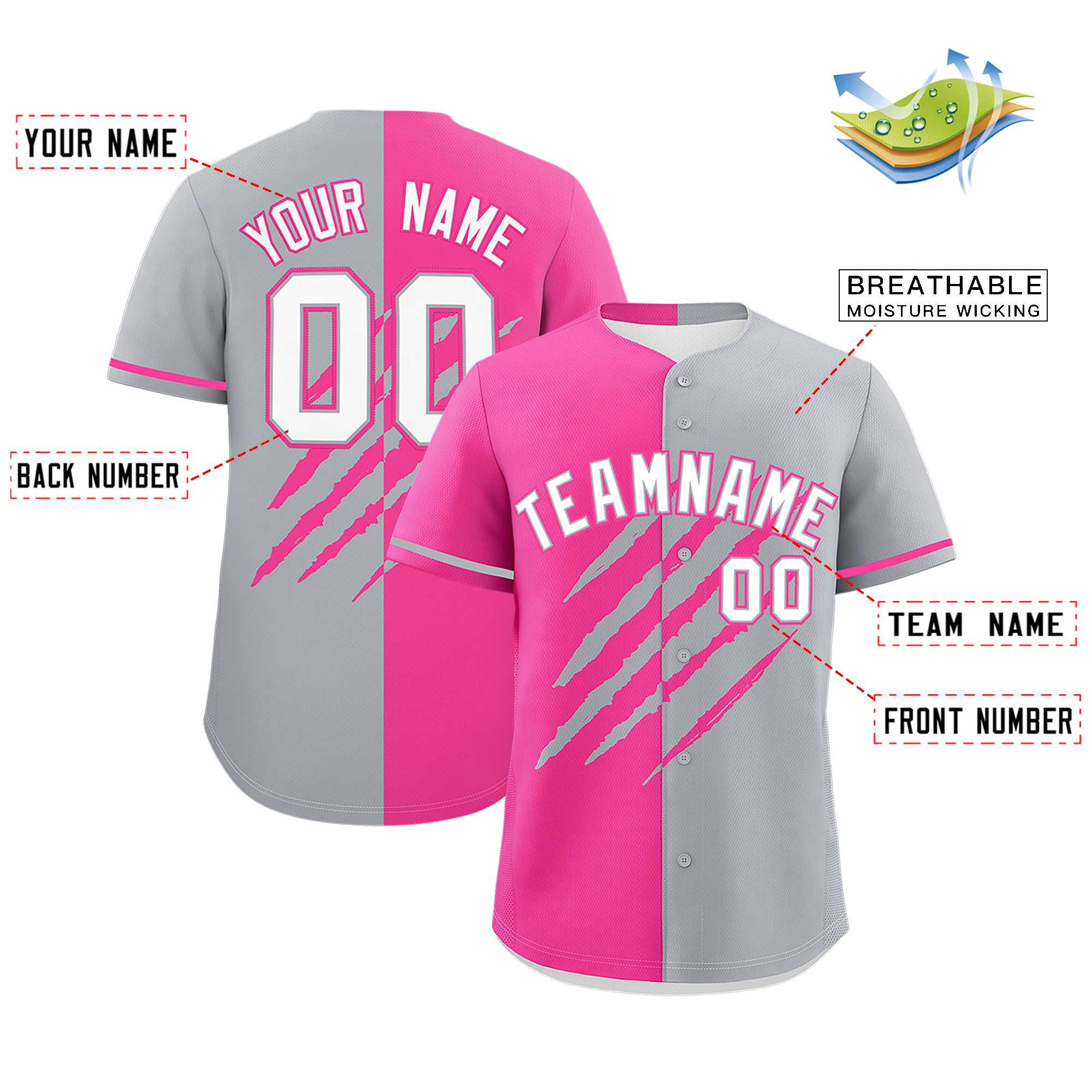 Custom Pink Gray Split Tiger Claw Scratch Pattern Baseball Jersey
