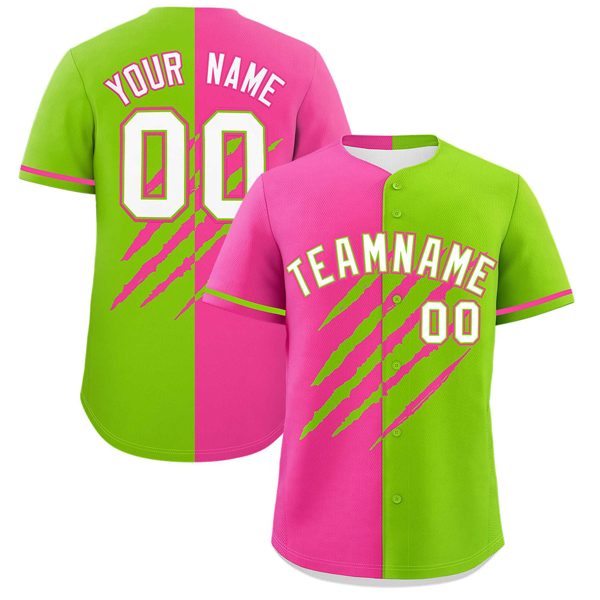 Custom Pink Neon Green Split Tiger Claw Scratch Pattern Baseball Jersey