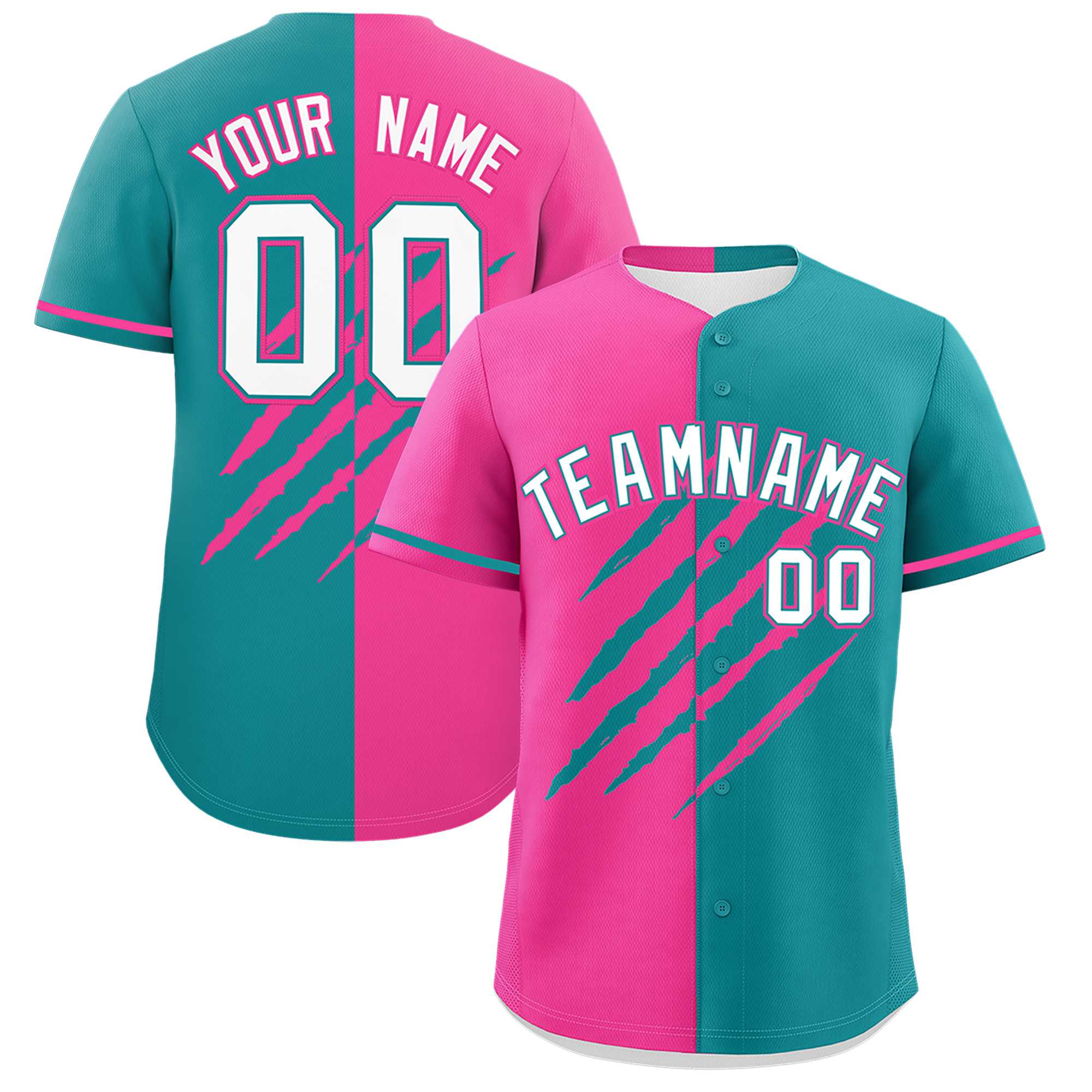 Custom Pink Aqua Split Tiger Claw Scratch Pattern Baseball Jersey